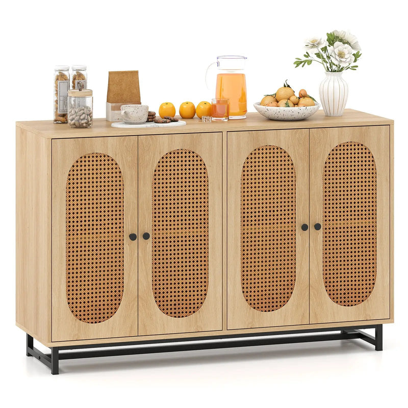 50 Inch Buffet Sideboard Cabinet with 4 Rattan Doors and Adjustable Shelves-Natural by DirectDeals