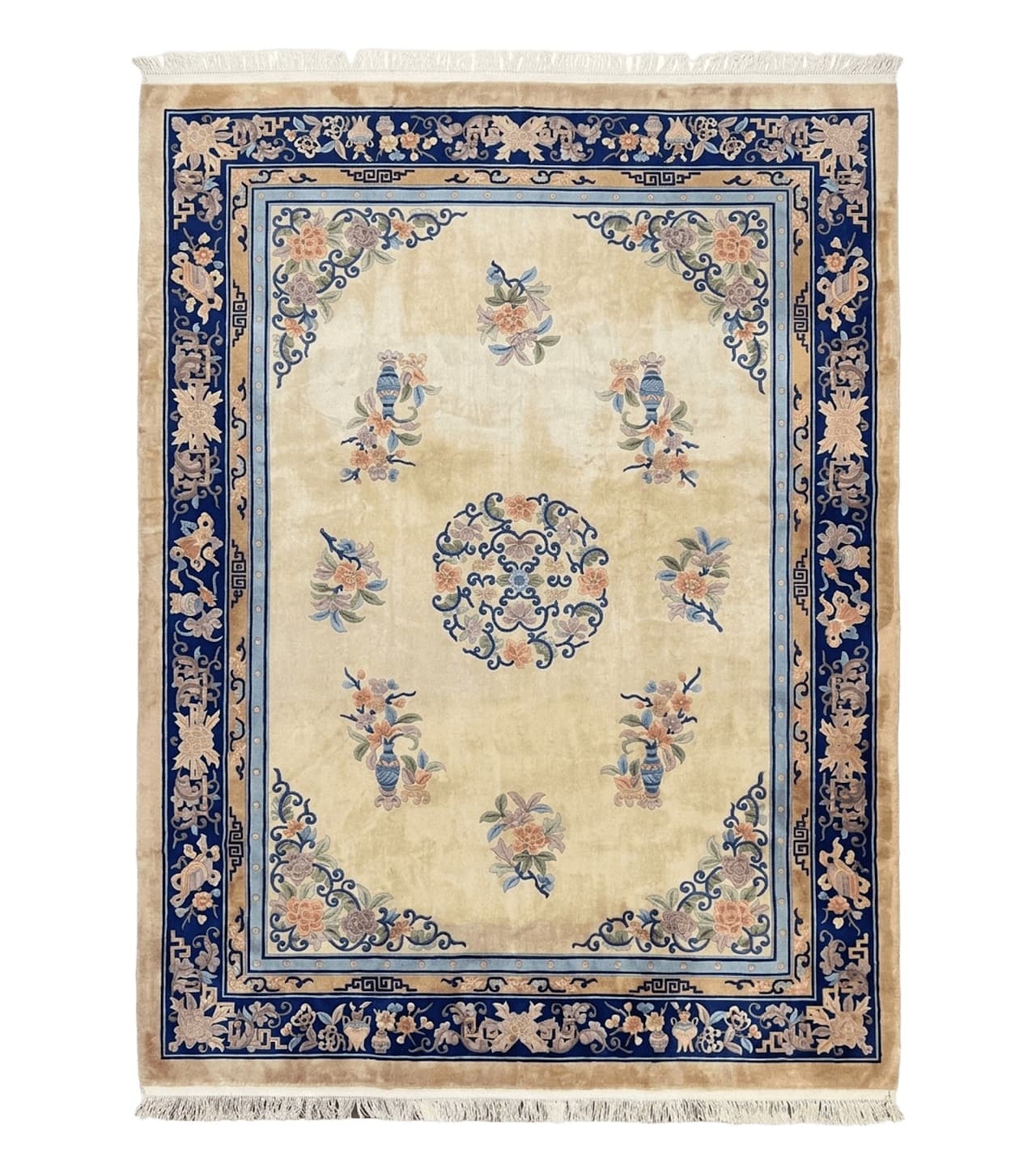 Chinese Wool Rug 8x11, Peking Asian Oriental Carpet, Cream/Ivory and Blue, Vintage Handmade Rug, Art Deco Rug by Jewel Rugs