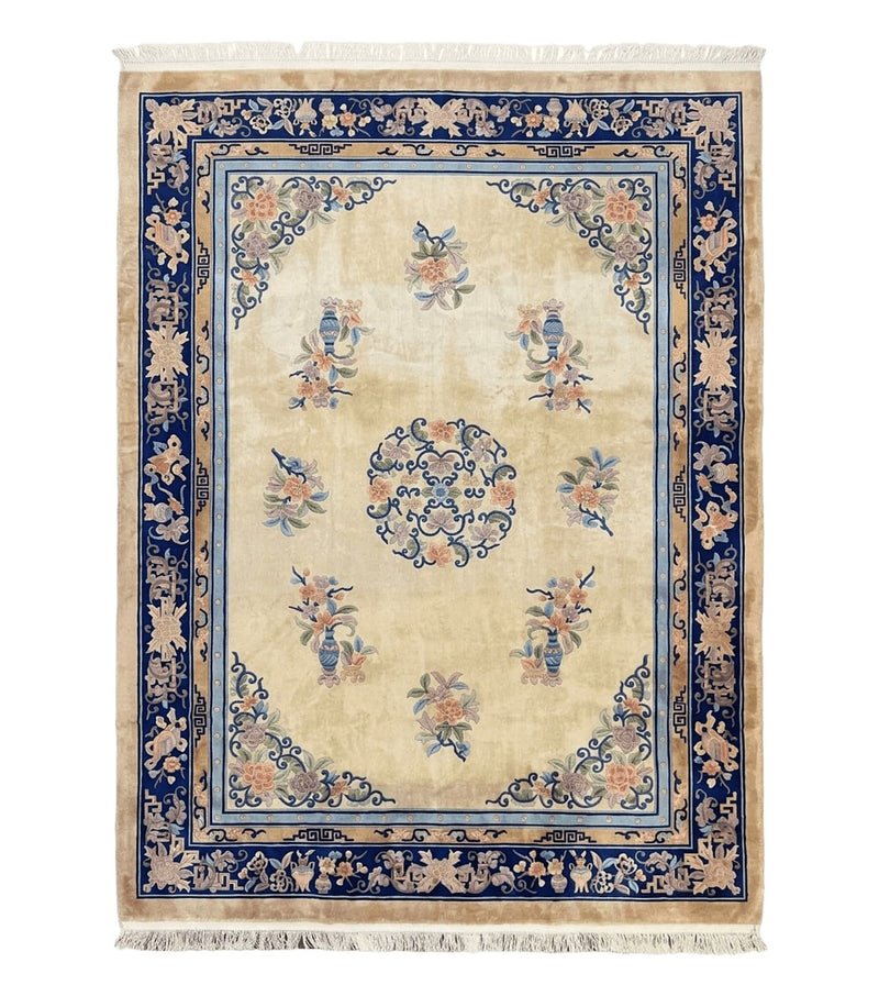 Chinese Wool Rug 8x11, Peking Asian Oriental Carpet, Cream/Ivory and Blue, Vintage Handmade Rug, Art Deco Rug by Jewel Rugs