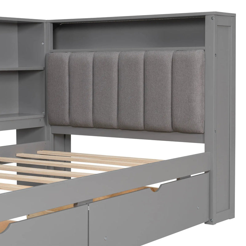Platform Bed With Upholstered Headboard, Storage Shelves, Drawers, Charging Station, LED Lighting, Built In Desk by HouseOfZazla
