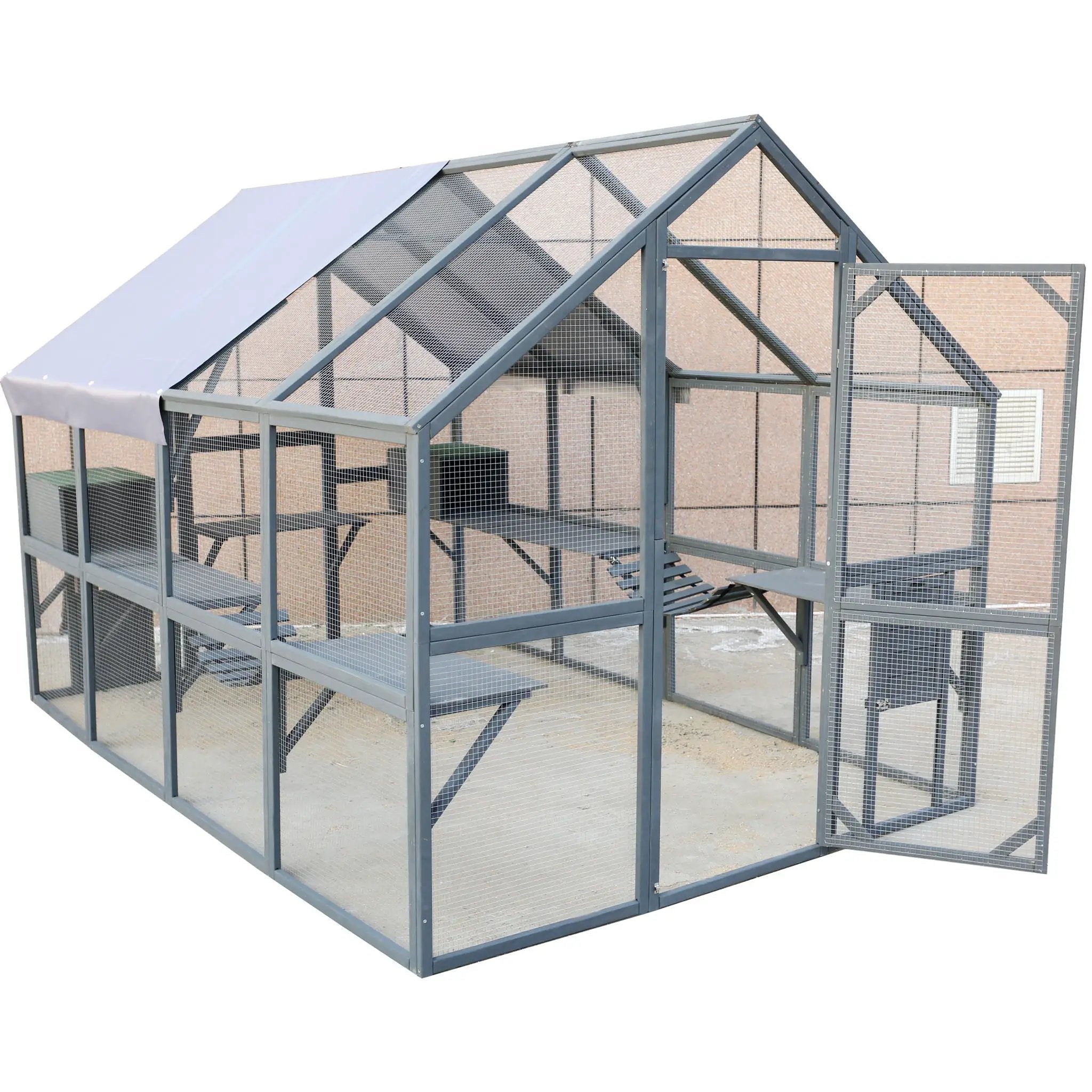 Spacious Wooden Cat Catio Outdoor Kitty House With Bridges And Roof Cover - Gray by HouseOfZazla