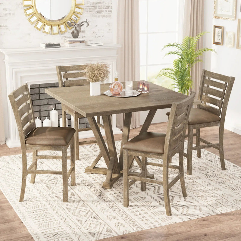 5 Pieces Set Counter Table Set Square Counter Table Solid Wood Modern Farmhouse Rustic Look Distressed Look - Grayish Brown by Unique Piece Furniture