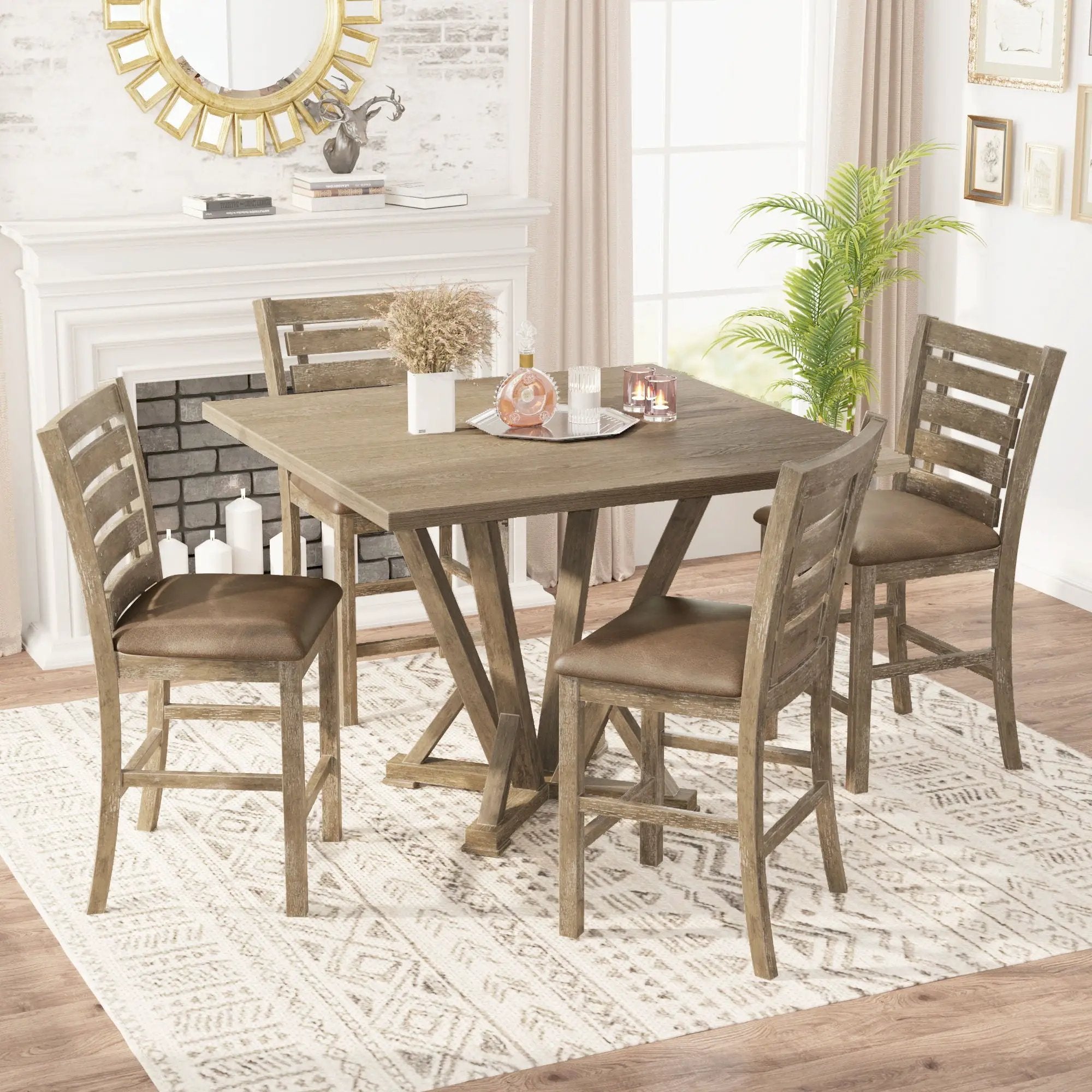 5 Pieces Set Counter Table Set Square Counter Table Solid Wood Modern Farmhouse Rustic Look Distressed Look - Grayish Brown by HouseOfZazla