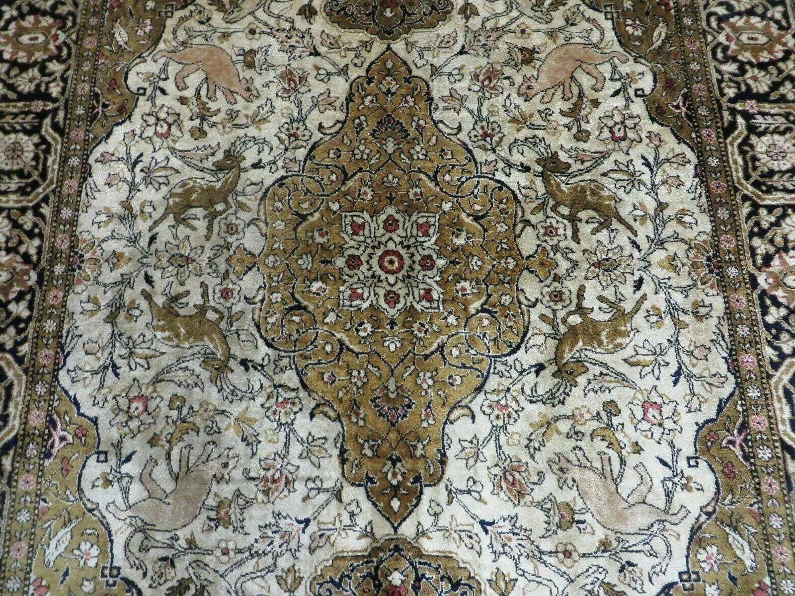 Handmade Silk Rug 3x5, Vintage Antique Silk Carpet, Hand-Knotted Oriental Rug 3 x 5, Animal Motifs, Deer Birds, One-Of-A-Kind by Jewel Rugs