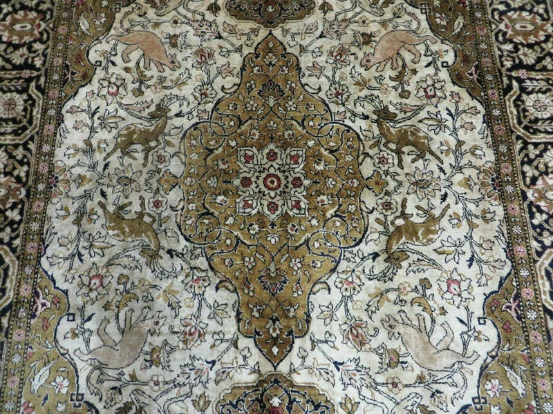 Handmade Silk Rug 3x5, Vintage Antique Silk Carpet, Hand-Knotted Oriental Rug 3 x 5, Animal Motifs, Deer Birds, One-Of-A-Kind by Jewel Rugs