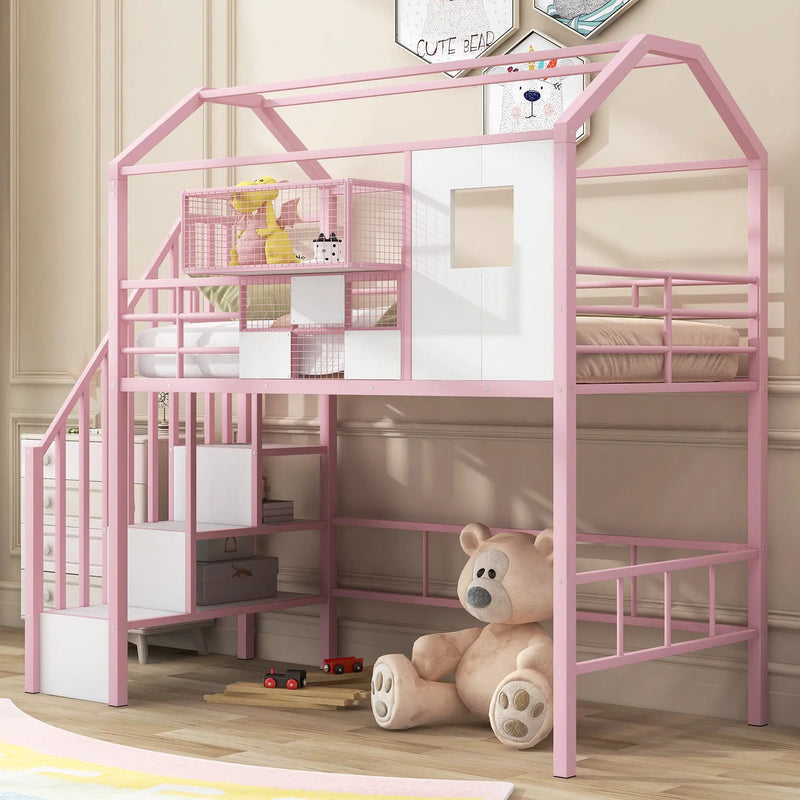 Metal Loft Bed With Roof Design And Storage Box With Guardrails And Integrated Ladder by Unique Piece Furniture