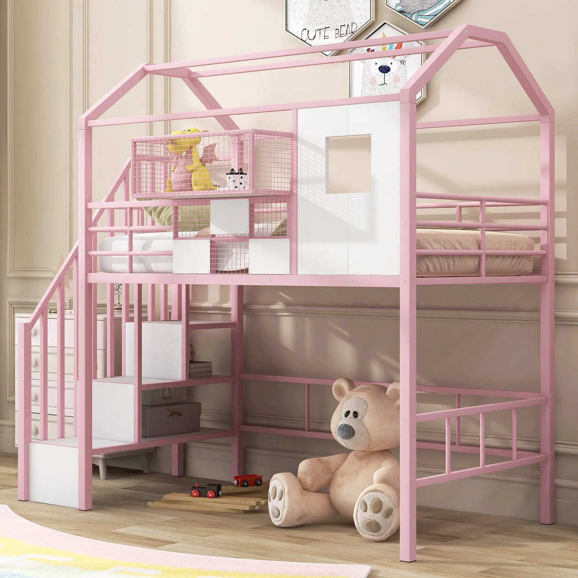 Metal Loft Bed With Roof Design And Storage Box With Guardrails And Integrated Ladder by Unique Piece Furniture