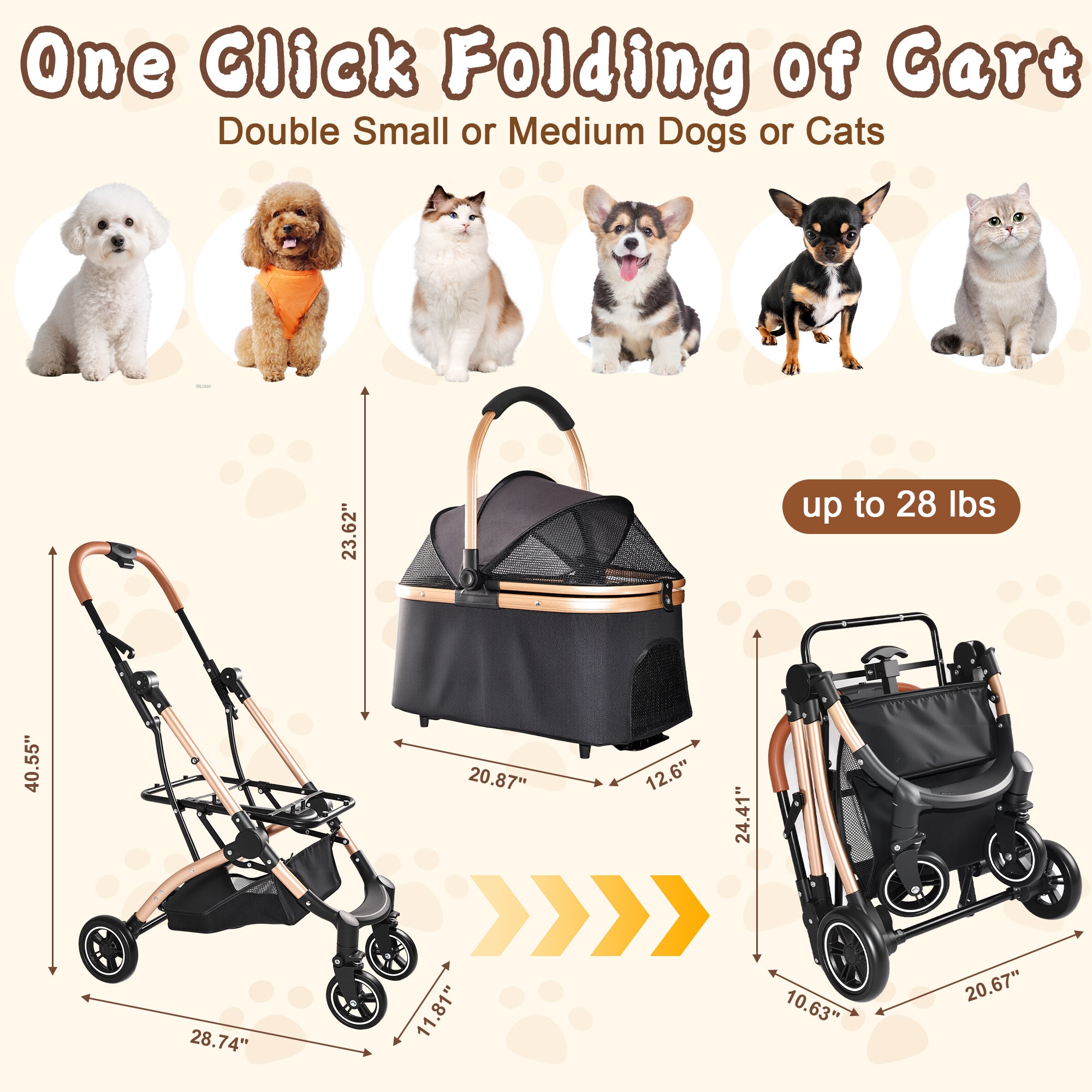 Pet Stroller for Dogs and Cats, 2-in-1 Detachable Foldable Design by HouseOfZazla