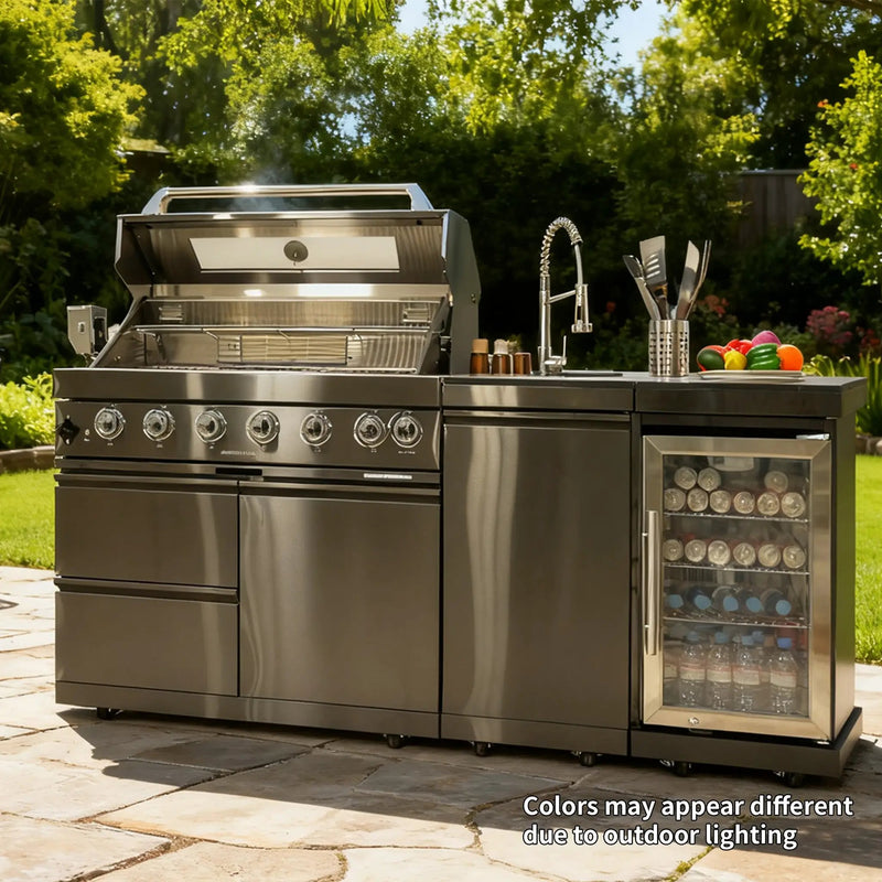 NG 85" 6-Burner 85,000 BTU Black Outdoor Kitchen Island Grill Refrigerator + Rotisserie Kit + Sink by Chery Industrial