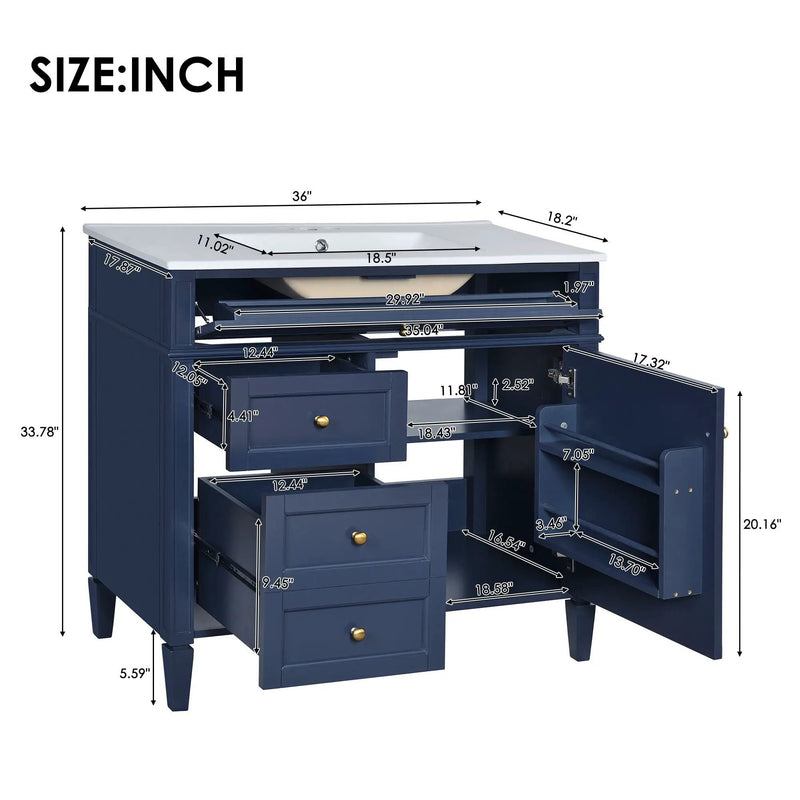 Bathroom Vanity With Top Sink, Modern Bathroom Storage Cabinet, 2 Drawers And A Tip-Out Drawer, Single Sink Bathroom Vanity - Blue by Unique Piece Furniture