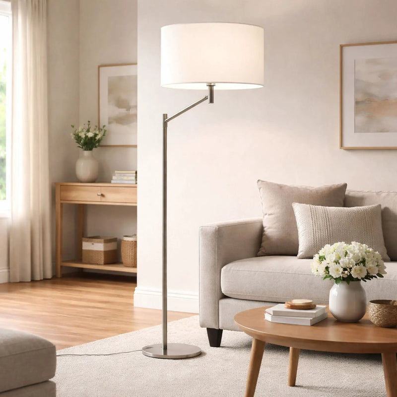 Horizon - Table Lamp With On / Off Switch Curved Base Linen Shade - Brushed Nickel / Silver / White by Unique Piece Furniture