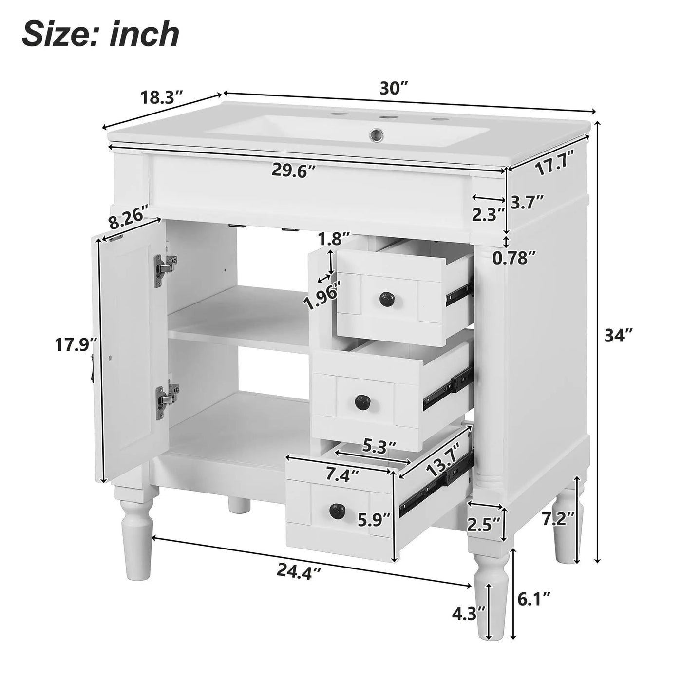 Bathroom Vanity With Ceramic Sink, 2 Doors 3 Drawers, Soft Close Design by Unique Piece Furniture