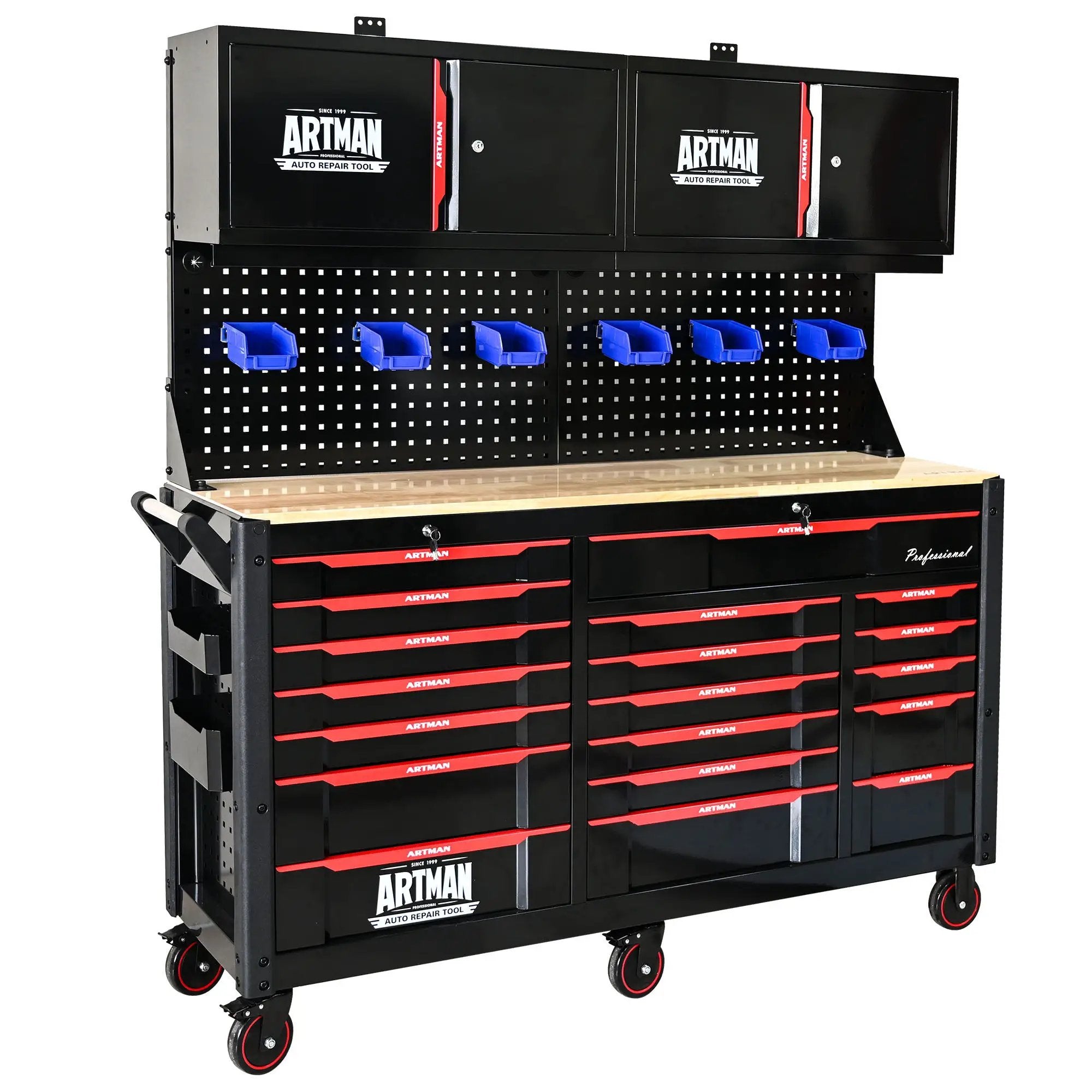 Wall Mounted Double Door Storage Cabinet With Tool Rack And Hooks, Stainless Steel - Black / Red by HouseOfZazla