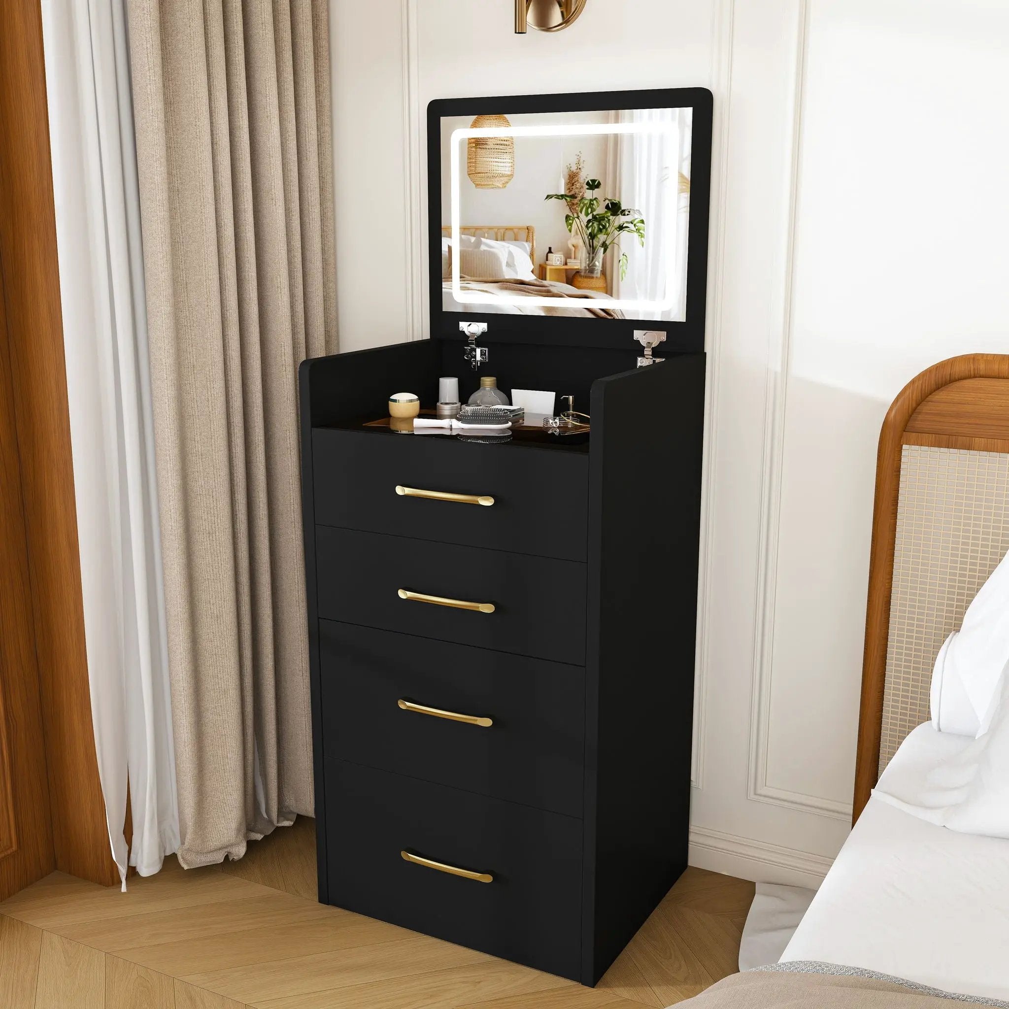 3 In 1 Vanity Desk With Open Top Mirror, Glass Desktop Makeup Set With 3 Drawers, Compact Dressing Table For Bedroom - Black by HouseOfZazla