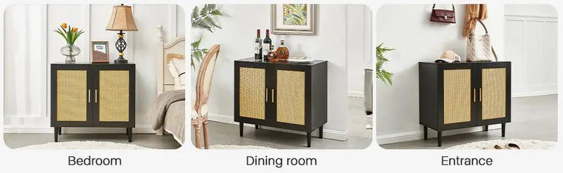 Side Panel Buffet Cabinet With Natural Rattan Door, Rattan Storage Cabinet With Adjustable Shelves, Side Panel And Buffet With Storage Space, Modern Console Cabinet In Bedroom And Living Room - Black / Beige by HouseOfZazla