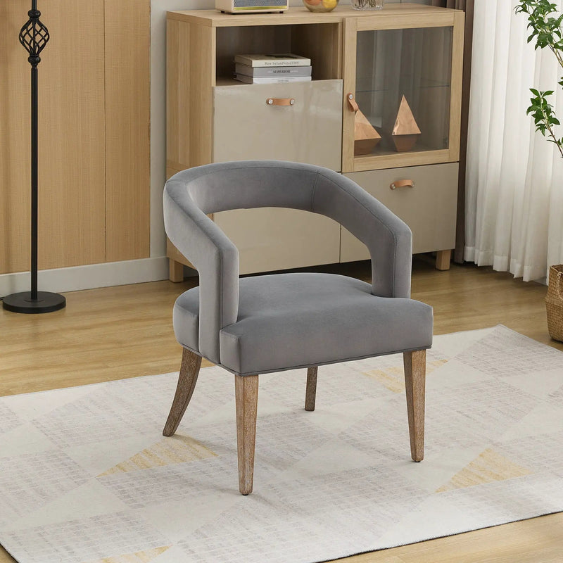 Wide Modern Barrel Open Back Upholstered Accent Chair With Weathered Solid Wood Legs by Unique Piece Furniture