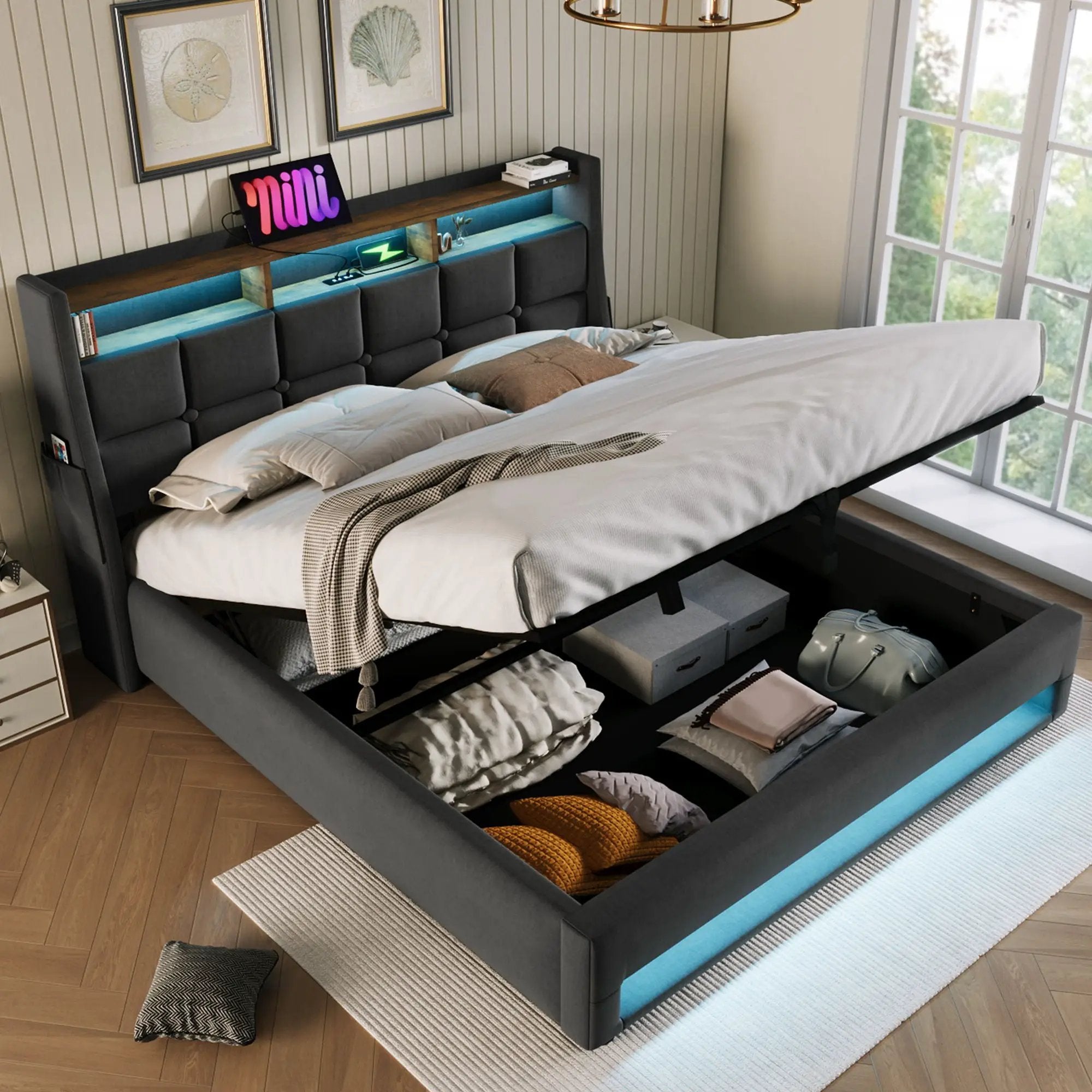 Upholstered Platform Bed With A Hydraulic Storage System, LED And USB Charging (Without Mattress) by HouseOfZazla