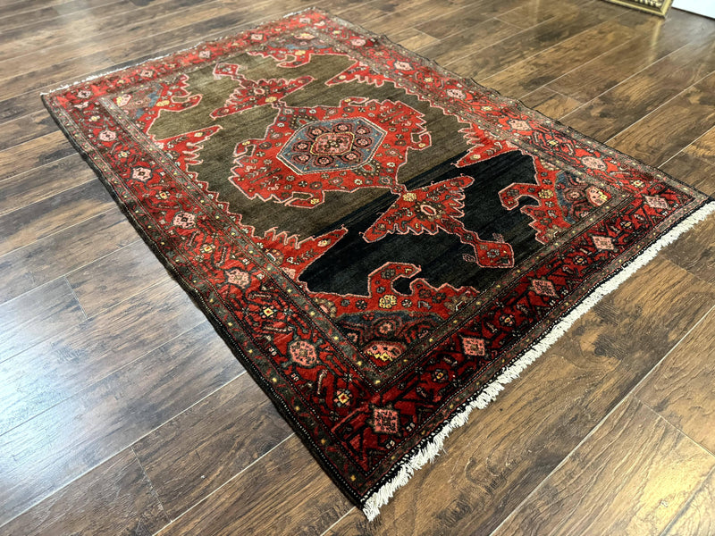 Antique Persian Tribal Rug 5x7, Geometric Wool Carpet, Kurdish Senneh Rug by Jewel Rugs
