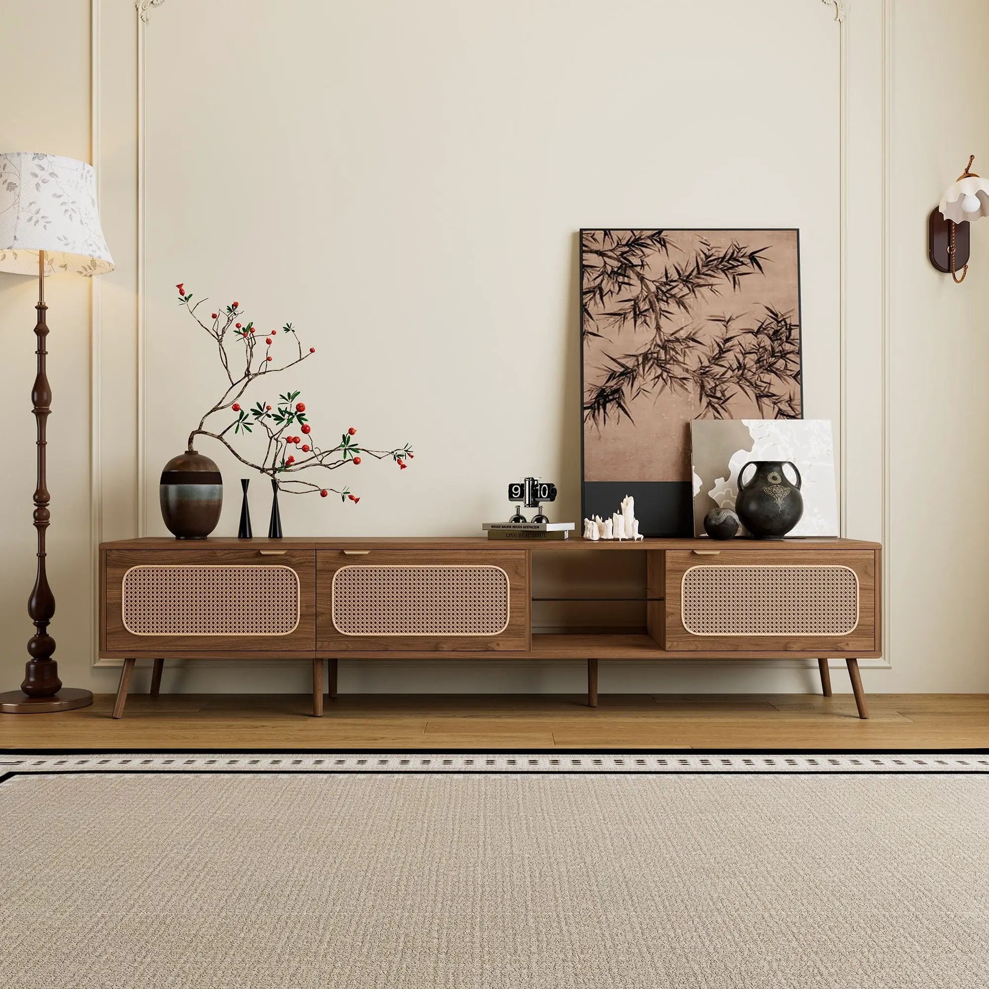 78" TV Stand With Ample Storage And Open Shelving - Walnut by HouseOfZazla