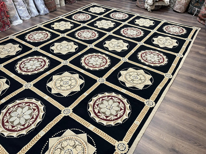 Large Needlepoint Rug 10x13, Panel Design, Black and Beige, Wool Needlepoint Carpet 10 x 13, English Garden, Handwoven Area Rug, Living Room by Jewel Rugs