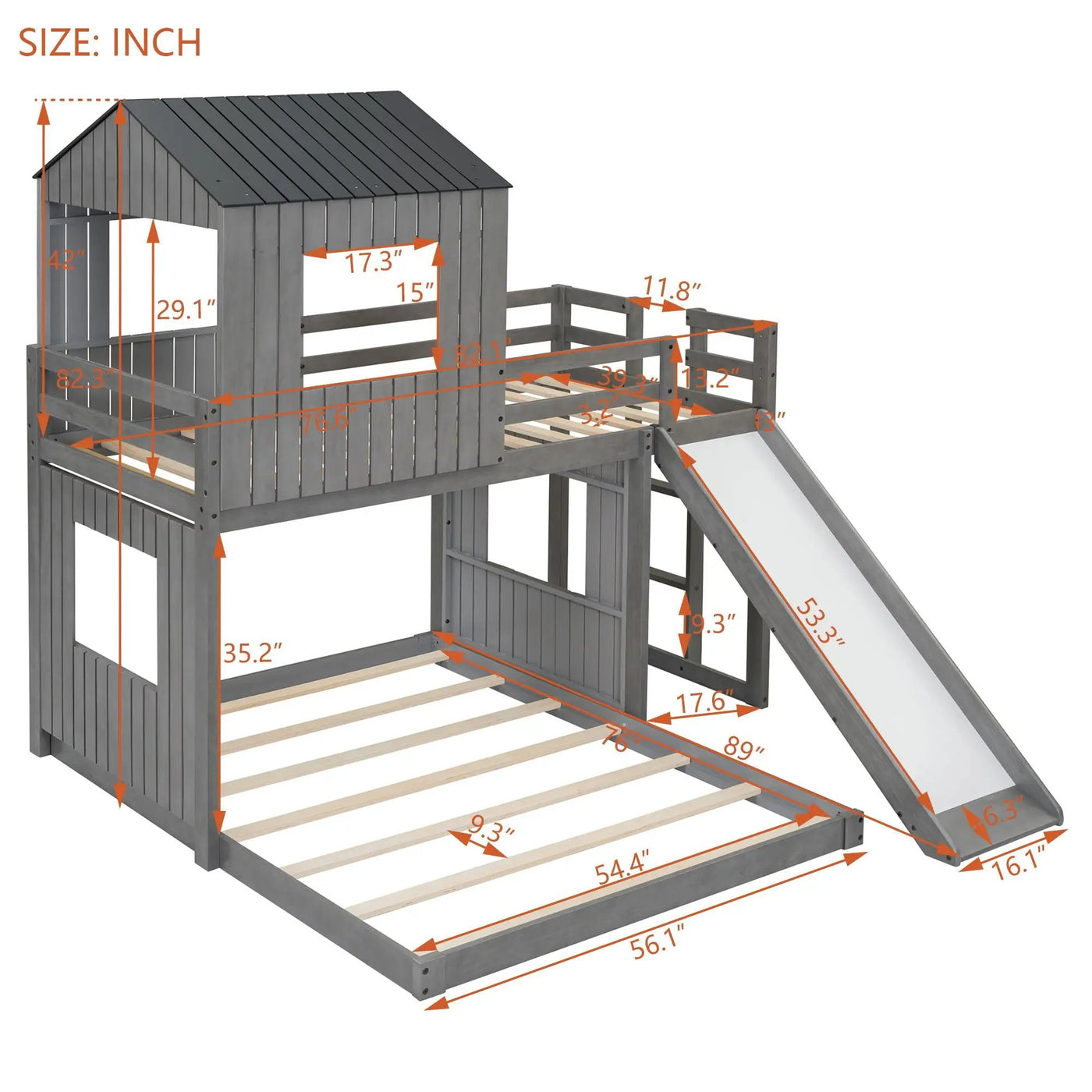 Loft Bunk Bed With Playhouse, Farmhouse, Ladder, Slide And Guardrails by HouseOfZazla