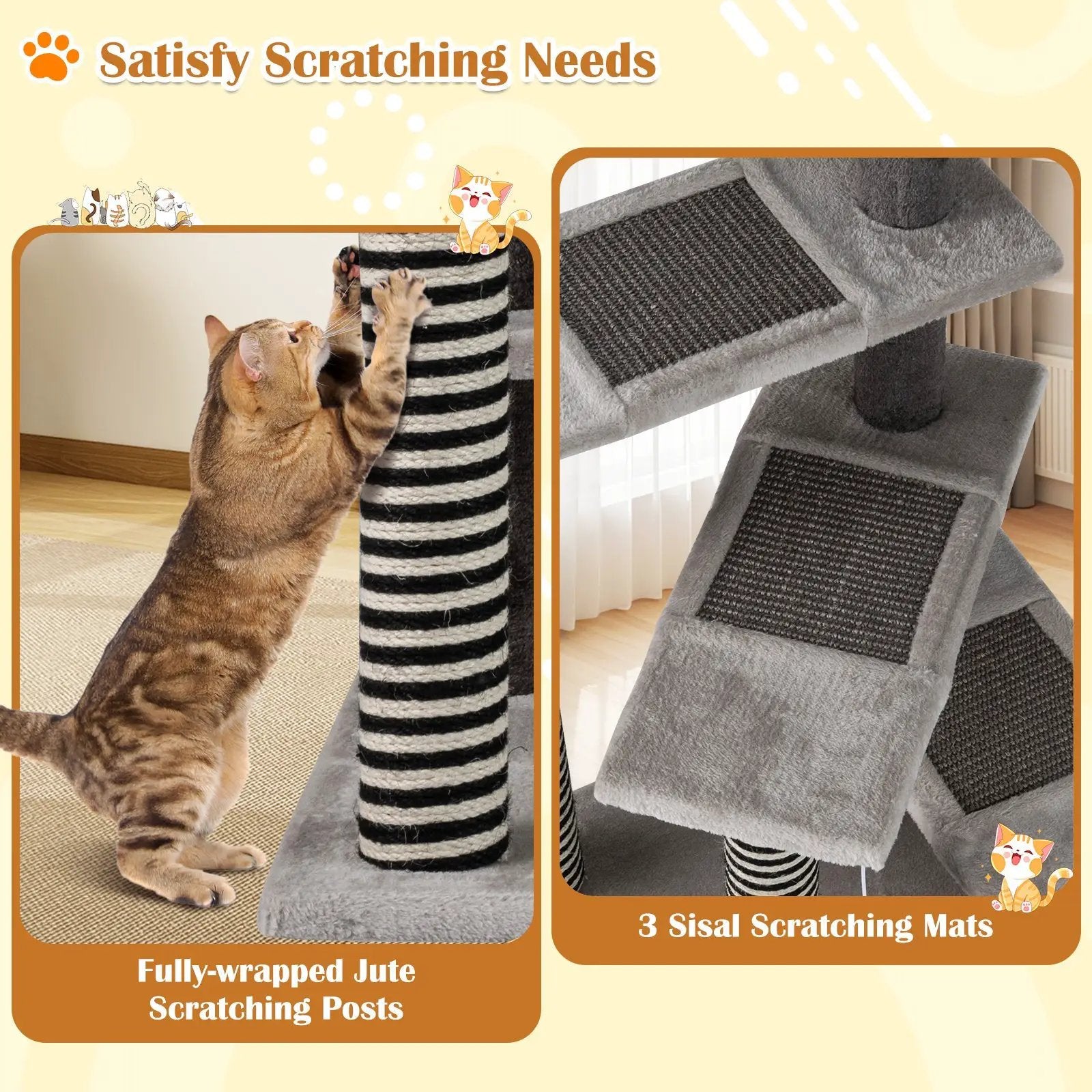 93 CM Tall Cat Tree Kitten Tower with Sisal and Jute Scratching Posts-Gray by DirectDeals