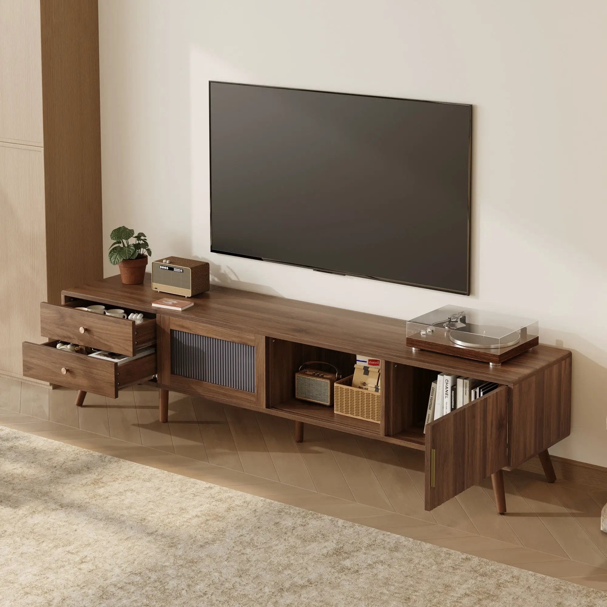 76" TV Stand, Entertainment Center With Storage Cabinets, TV Media Console Table For Living Room - Natural by Unique Piece Furniture