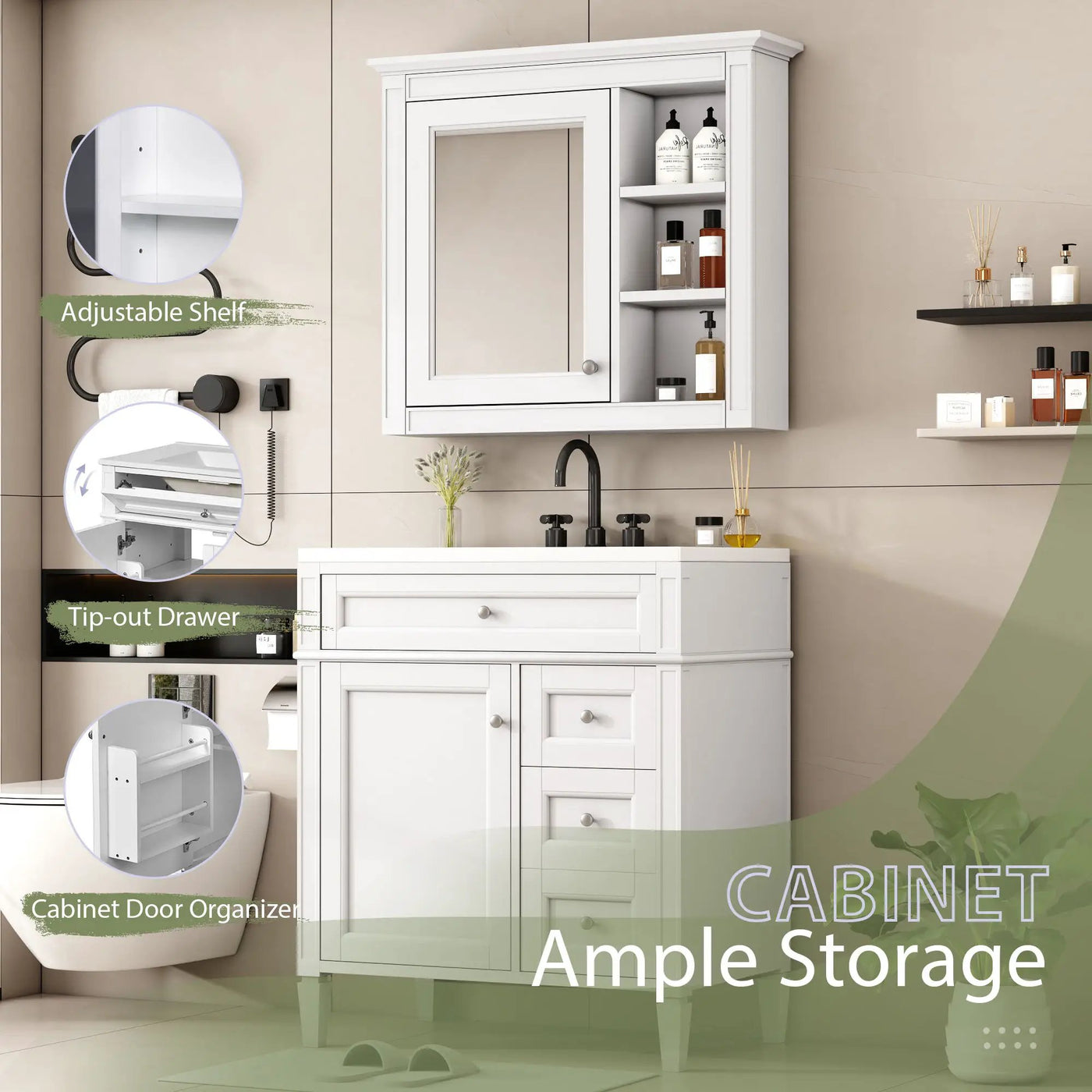 Bathroom Vanity With Top Sink, 2 Doors And 3 Drawers, Freestanding Set With Mirror Cabinet by Unique Piece Furniture