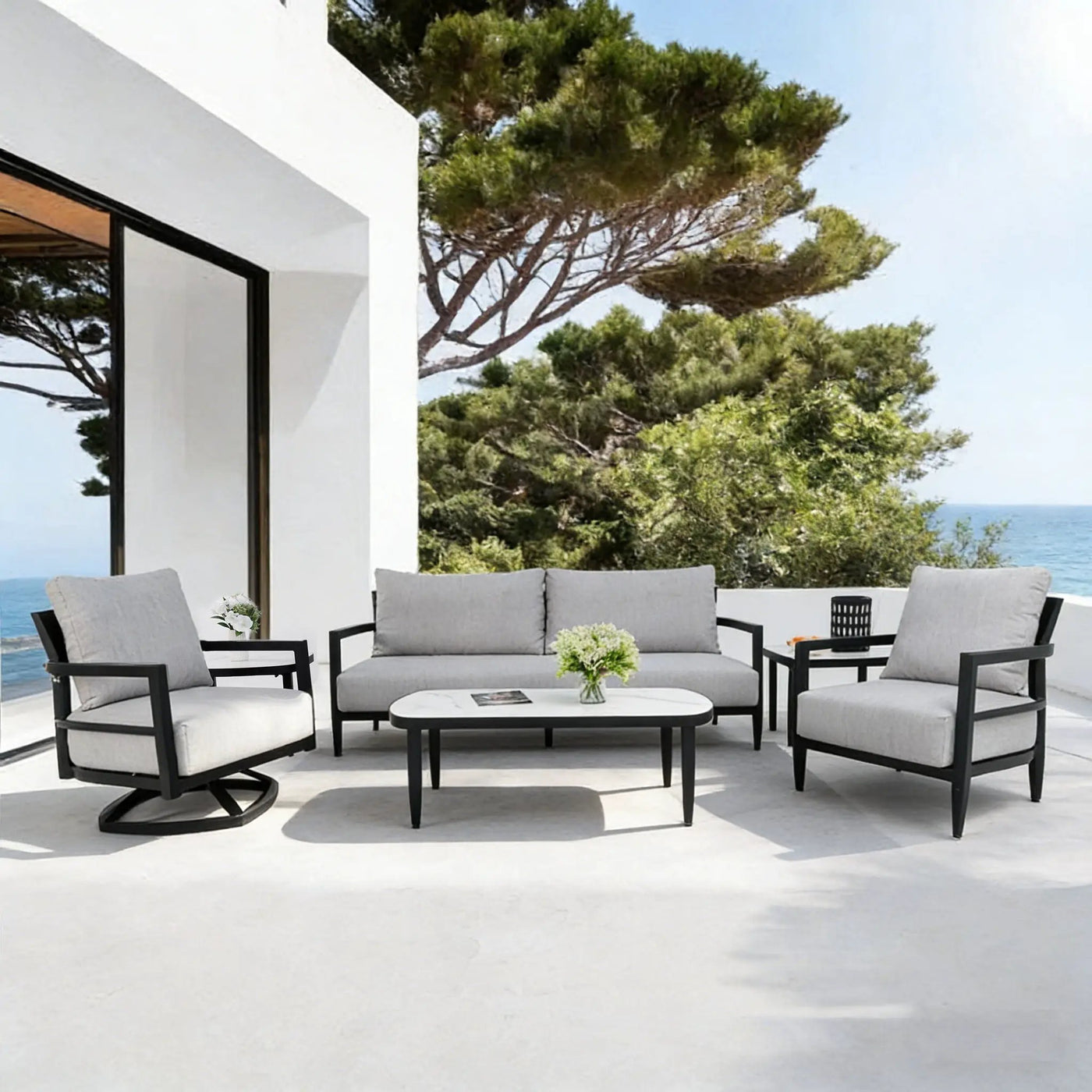 Outdoor Conversation Set With Chairs, Bench Sofa, Tables, Sunbrella Cushions by HouseOfZazla