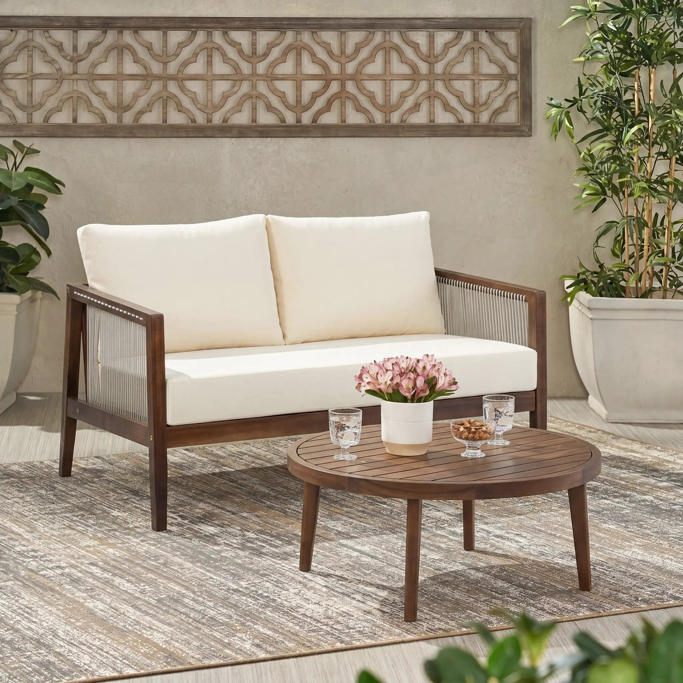 Outdoor Loveseat and Coffee Table Set, Acacia Wood Frame with Rope Detail by HouseOfZazla