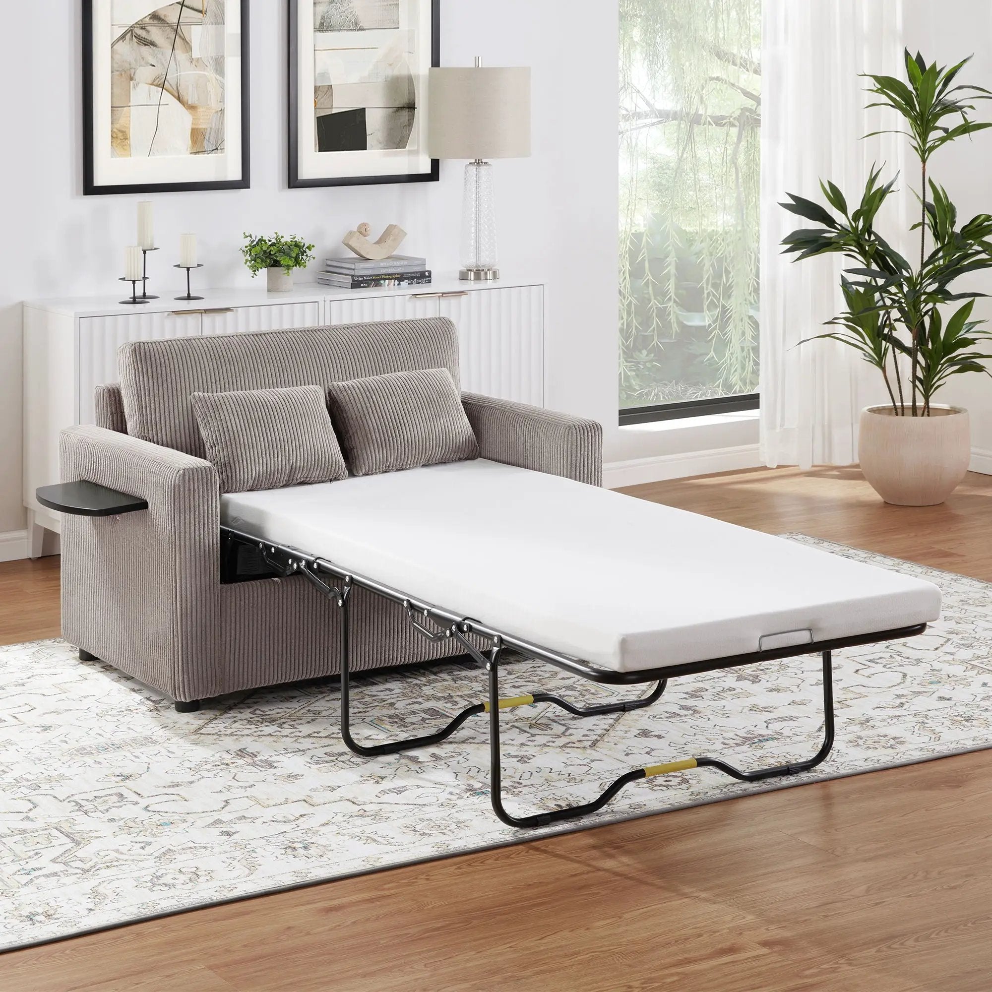 Sleeper Sofa With Foldable Mattress, USB Ports, Side Table & Storage Pocket by Unique Piece Furniture