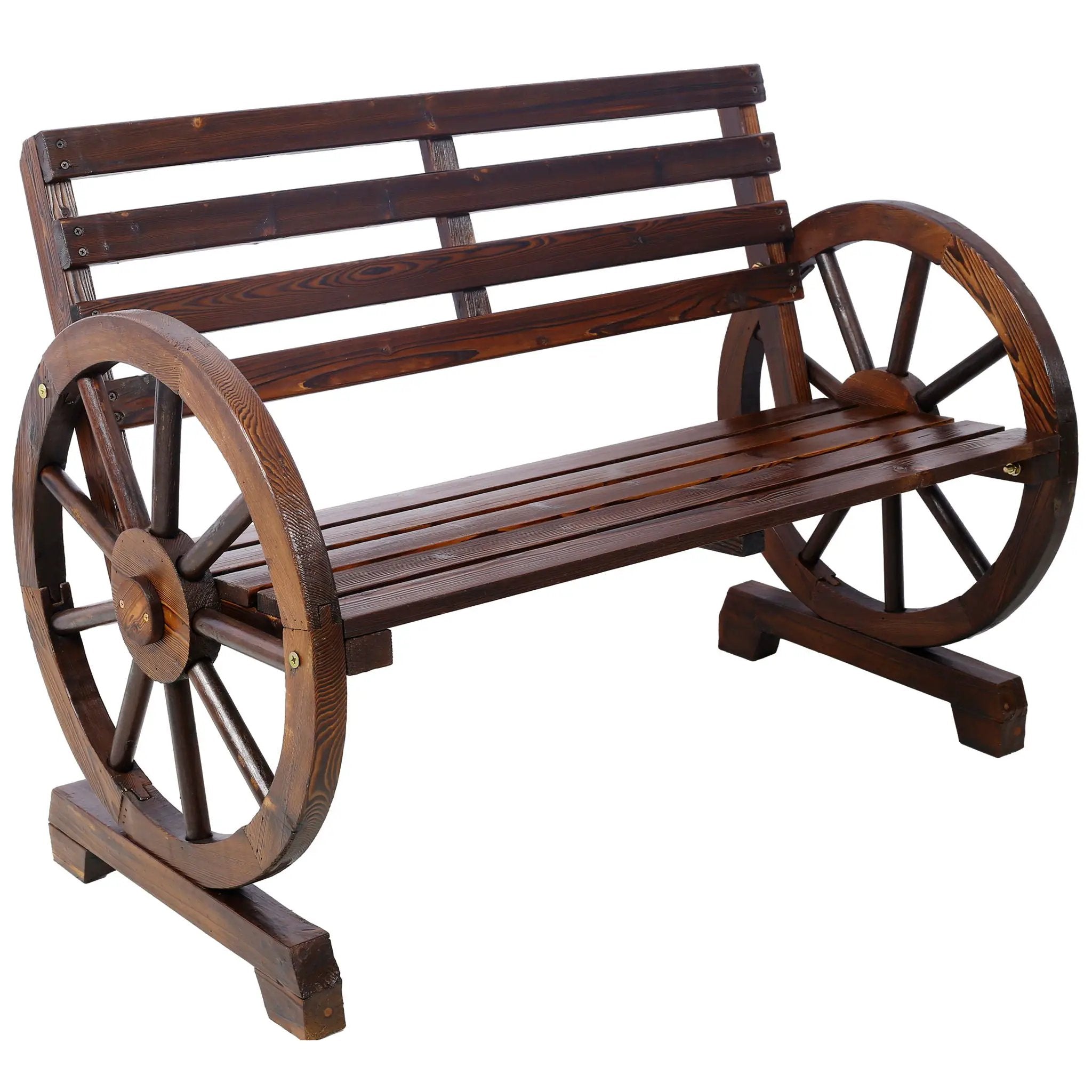 Rustic Country 2 Person Wooden Wagon Wheel Bench With Slatted Seat And Backrest - Brown by HouseOfZazla
