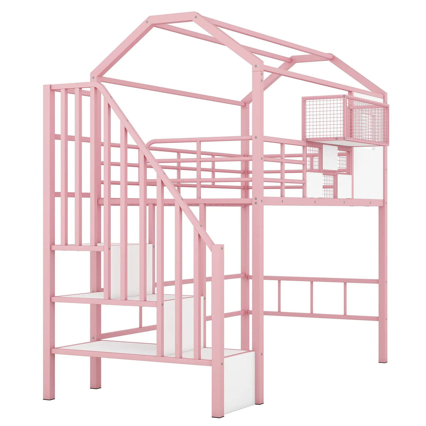 Metal Loft Bed With Roof Design And Storage Box With Guardrails And Integrated Ladder by HouseOfZazla