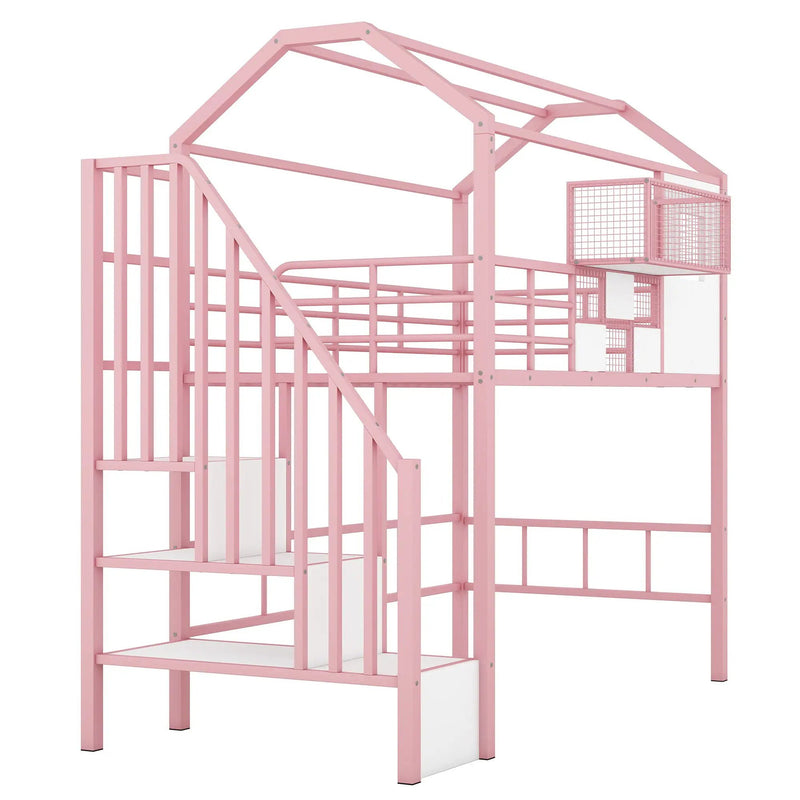 Metal Loft Bed With Roof Design And Storage Box With Guardrails And Integrated Ladder by Unique Piece Furniture