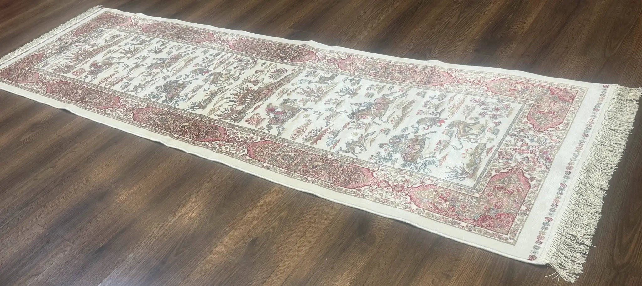 Turkish Silk Runner Rug 2.6 x 8, Hunting Design, Ivory, Bamboo Silk, New by Jewel Rugs