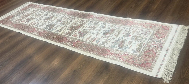 Turkish Silk Runner Rug 2.6 x 8, Hunting Design, Ivory, Bamboo Silk, New by Jewel Rugs