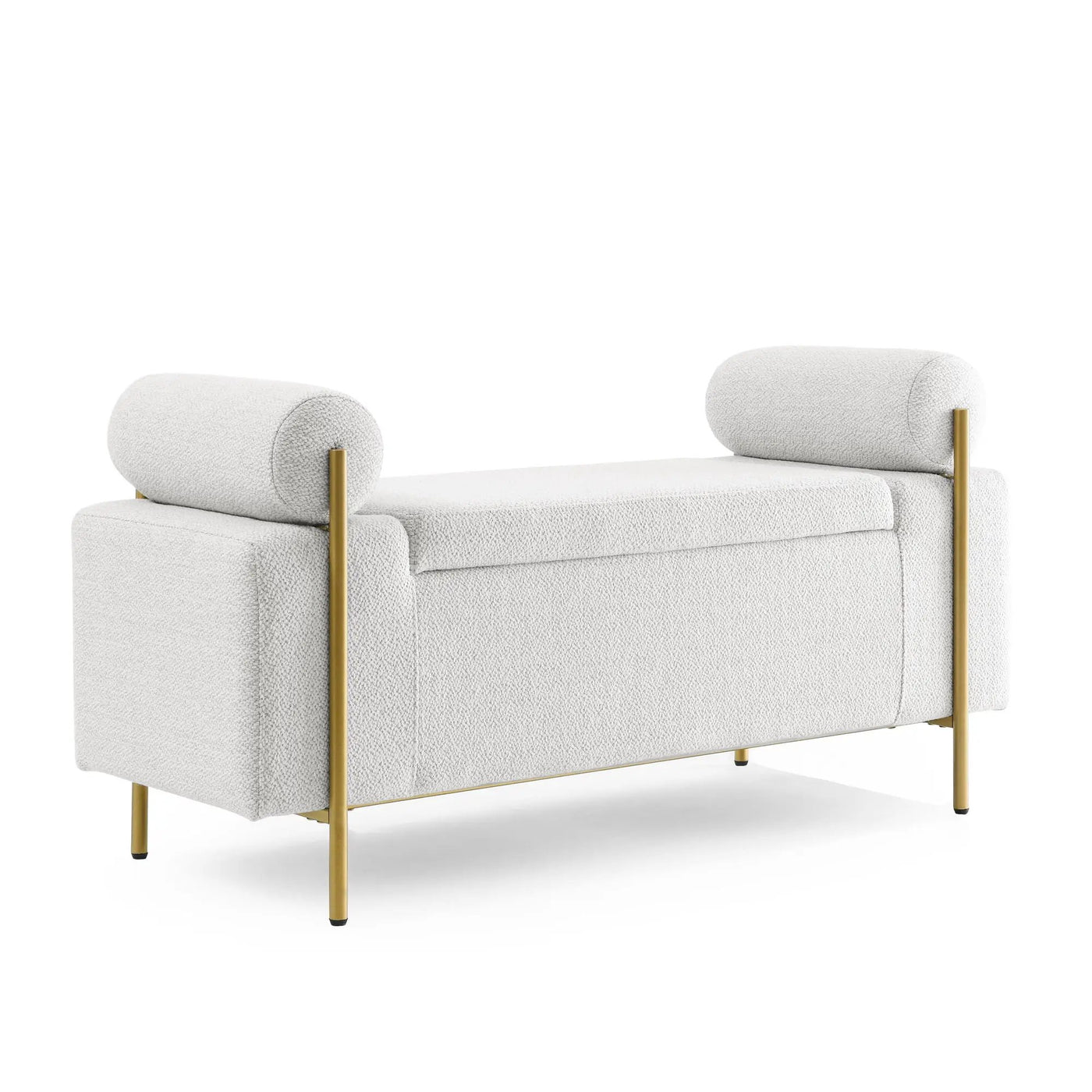 Elegant Upholstered Storage Bench With Cylindrical Arms And Iron Legs, by HouseOfZazla
