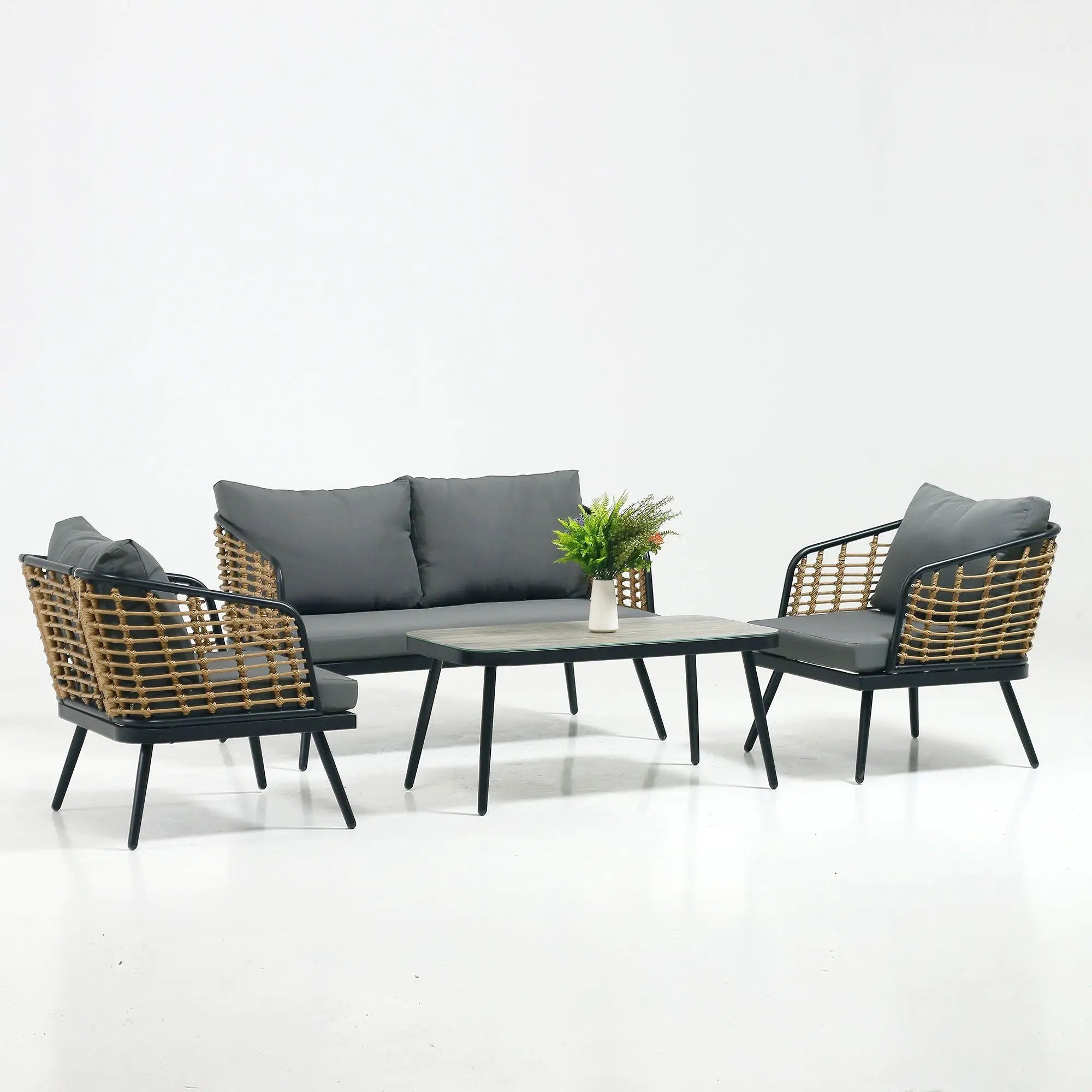 4 Pieces Patio Furniture Set, PE Rattan Wicker With Washable Cushion And Tempered Glass Tabletop, Conversation Furniture For Garden Poolside Balcony by HouseOfZazla