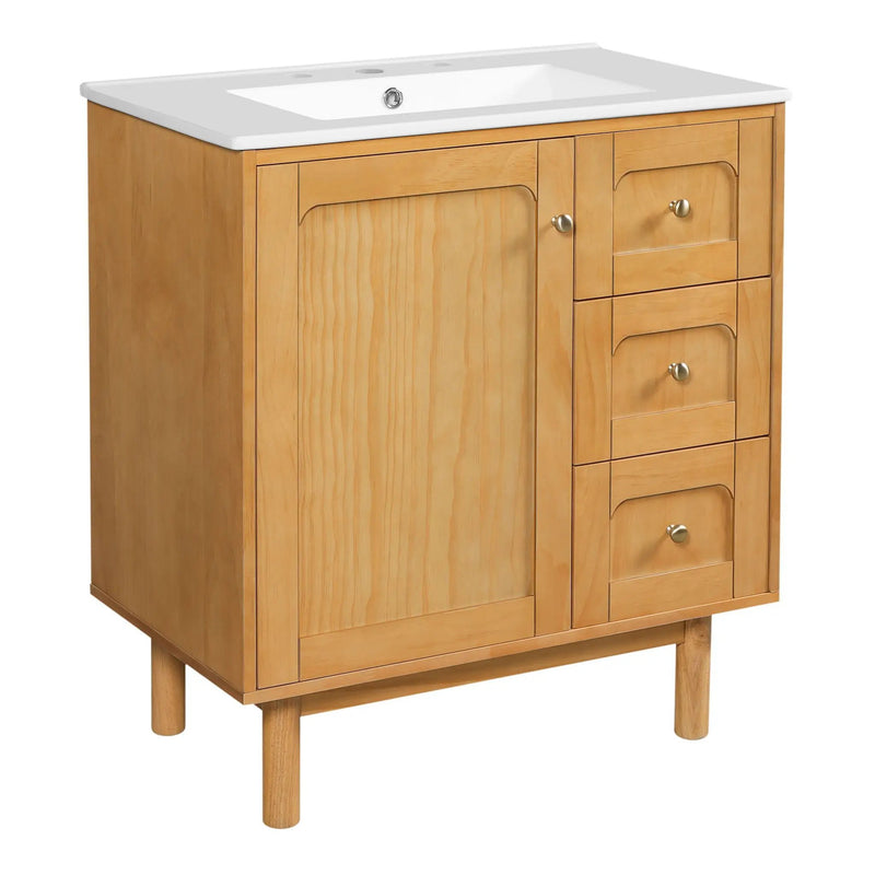Bathroom Vanity With Sink, 3 Drawers, Soft Close Door - Natural Wood by HouseOfZazla