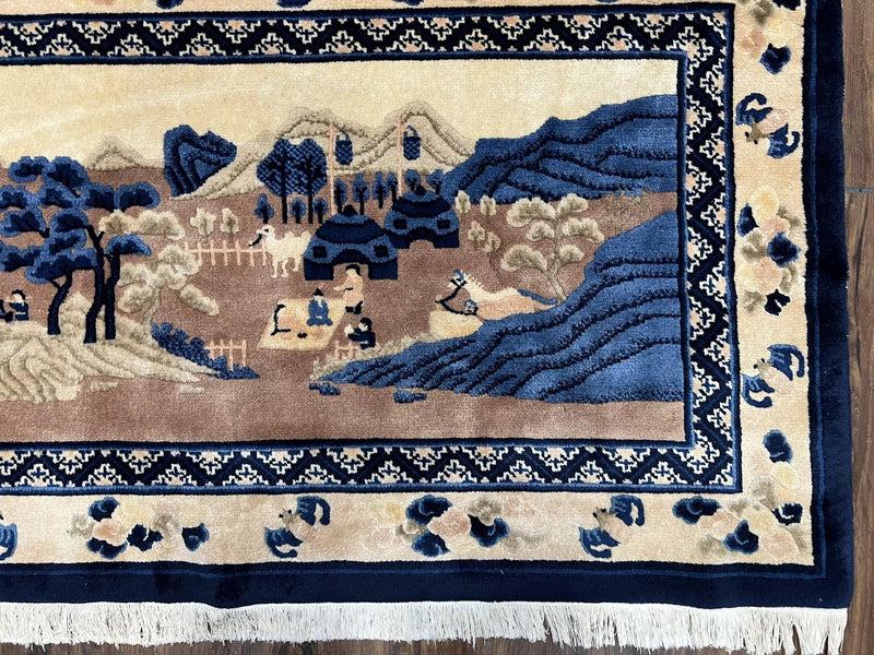 Antique Chinese Pictorial Rug 2.7 x 5, Chinese Village and Hills Carpet, Beige and Dark Blue, Handmade, Horizontal Rug Wall Hanging Tapestry by Jewel Rugs