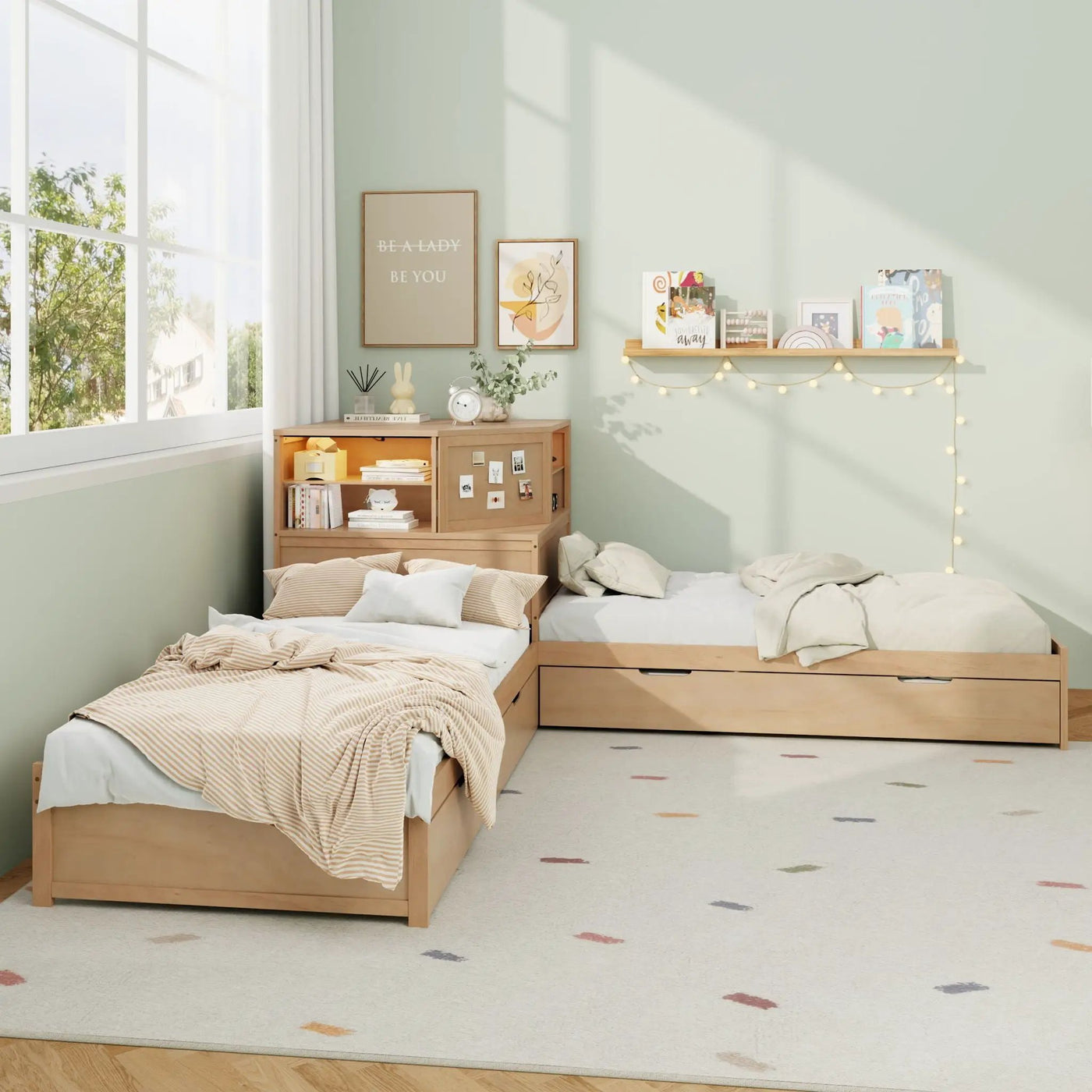 L-Shaped Bed Frame With Trundle, Built In Desk & LED Lighting by HouseOfZazla