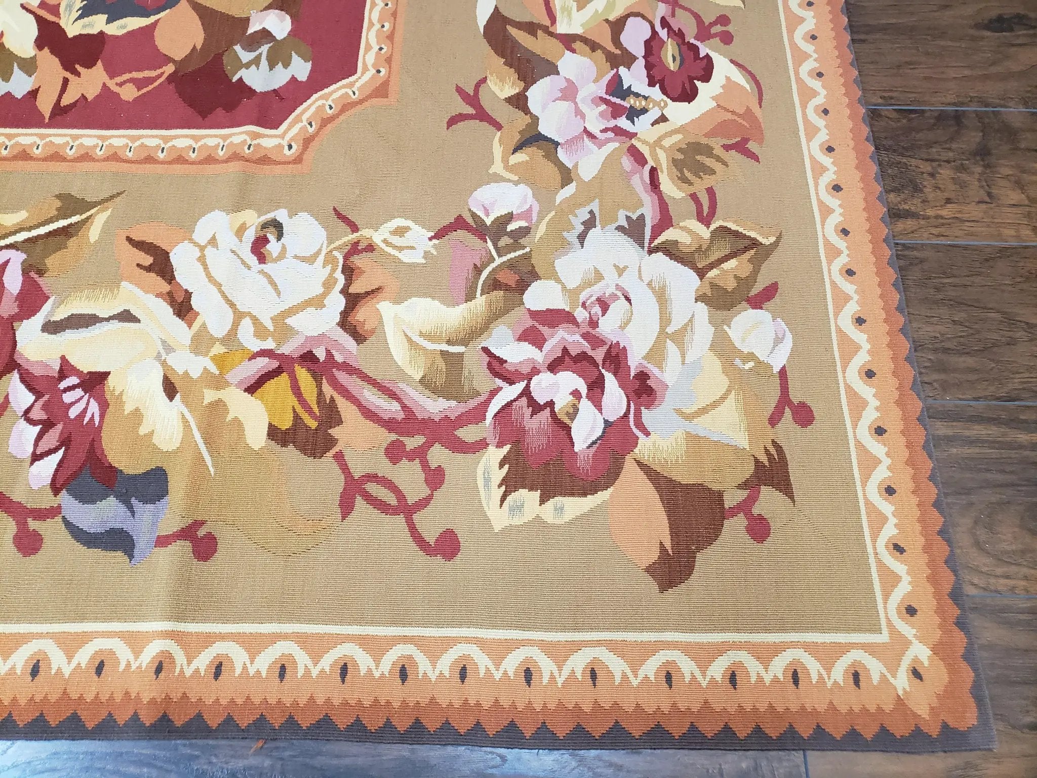 Vintage Chinese Aubusson Savonnerie Flat Pile Rug 9.9 x 14.5 Wool Handwoven Red & Khaki Large Flowers Rug 9x14 - 10x15 Michaelian Kolhberg by Jewel Rugs