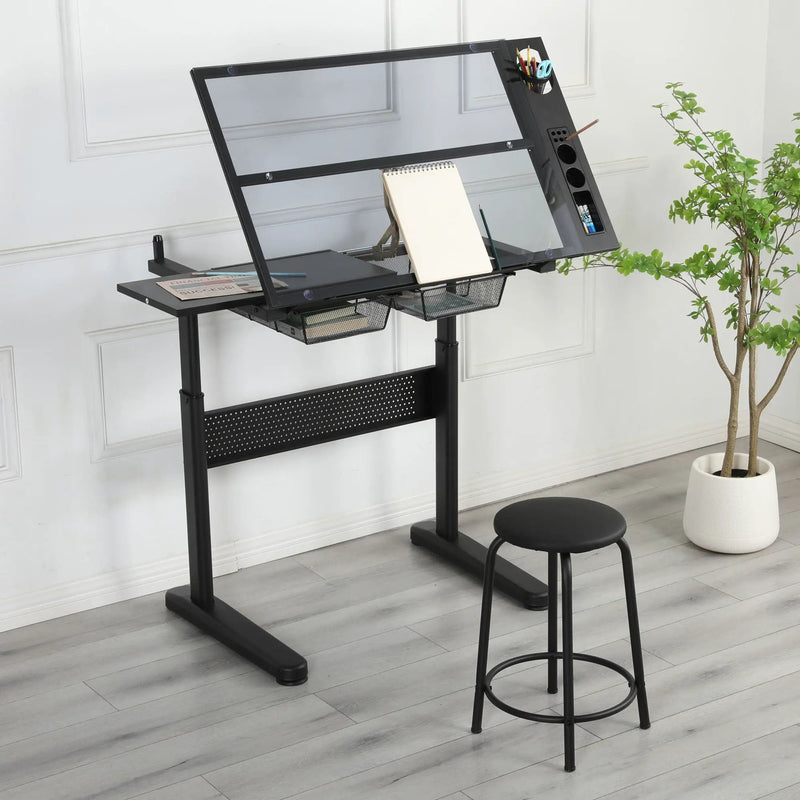 Hand Crank Adjustable Drafting Table Drawing Desk With 2 Metal Drawers With Stool by HouseOfZazla