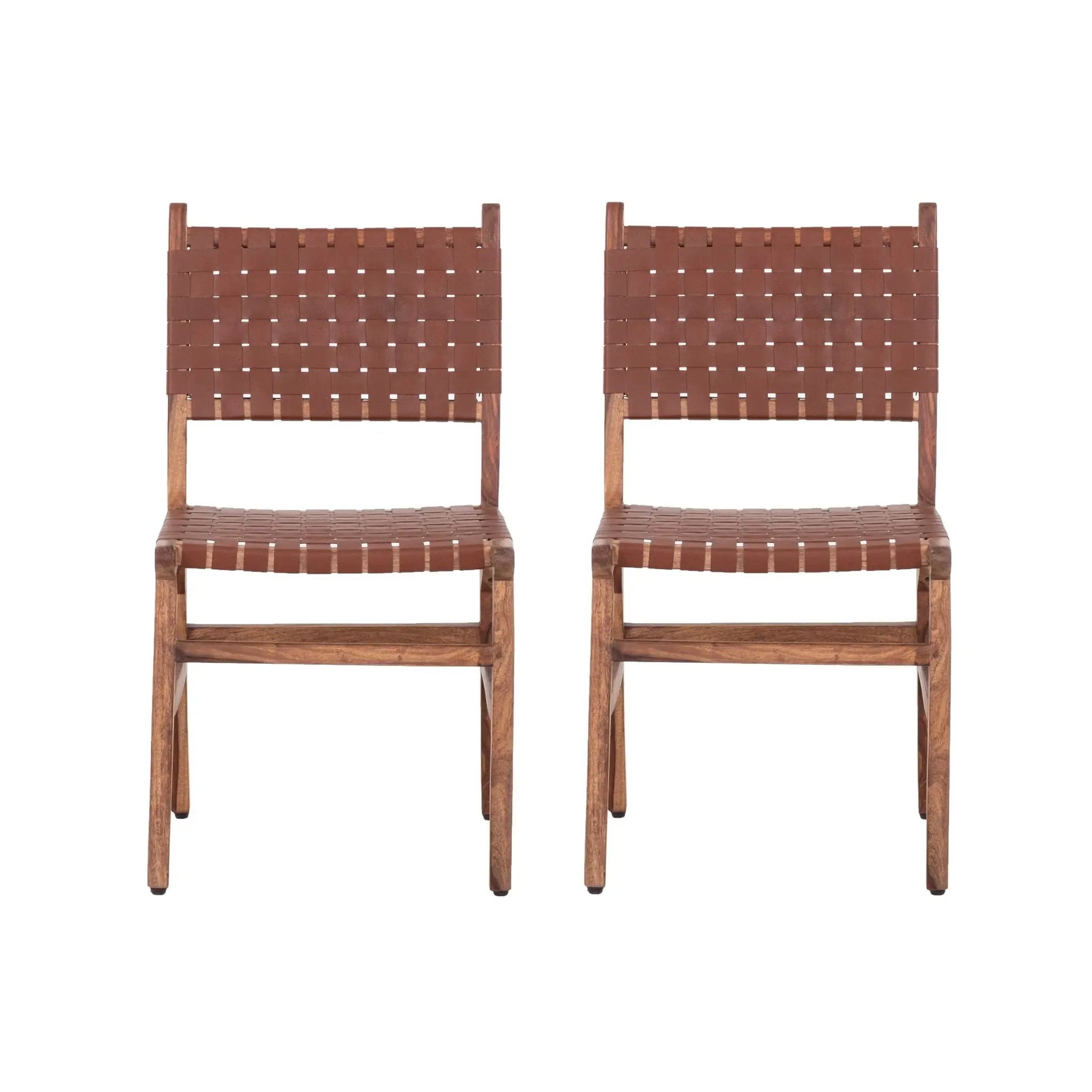 Rustic Wooden Dining Chair (Set of 2) With Genuine Leather Woven Upholstery - Brown by HouseOfZazla