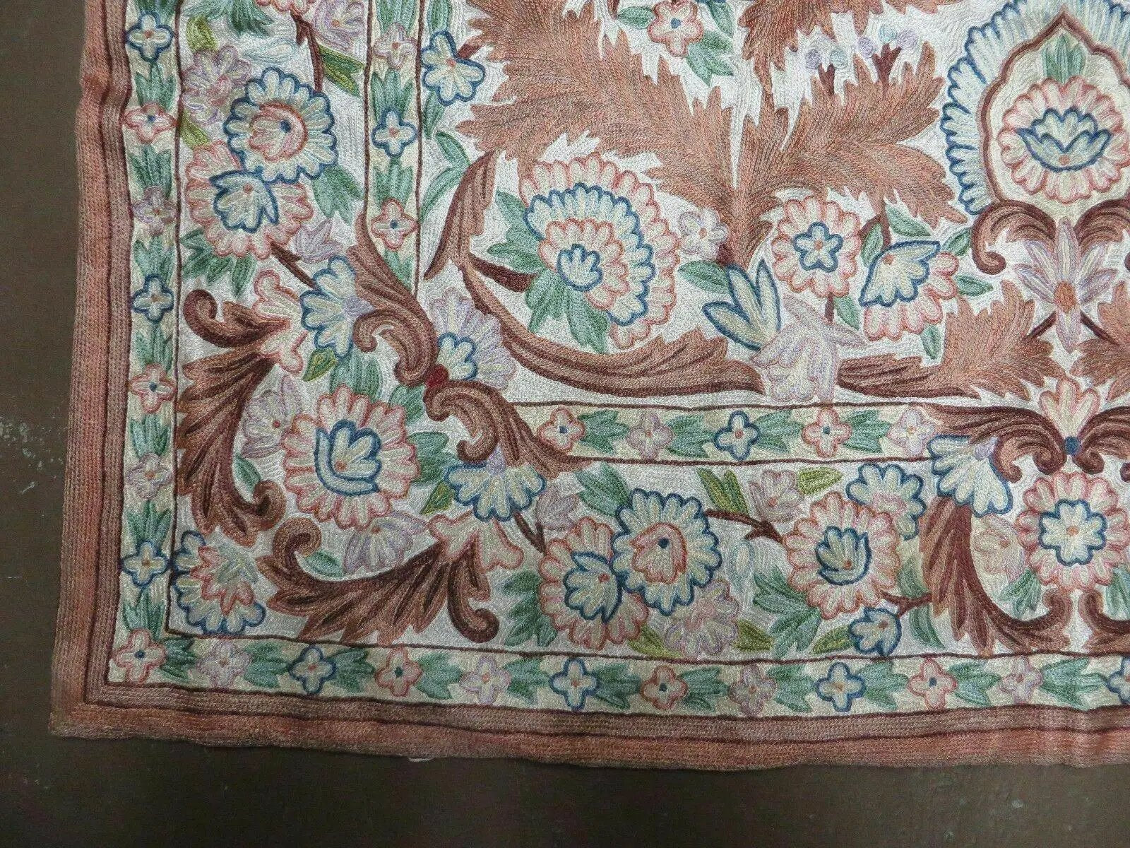 4' X 6' Vintage Embroidery Hand Stitched Rug Silk On Cotton India Backing Nice by Jewel Rugs
