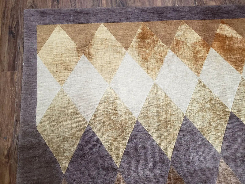 Modern Tibetan Rug 8.6 x 11, Wool and Silk, Multicolor, Diamond Panel Design by Jewel Rugs