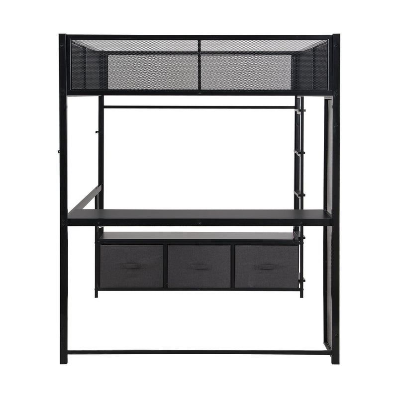 Full Size Gaming Loft Bed With LED Desk, Open Wardrobe, 3 Linen Storage Drawers - Black by HouseOfZazla