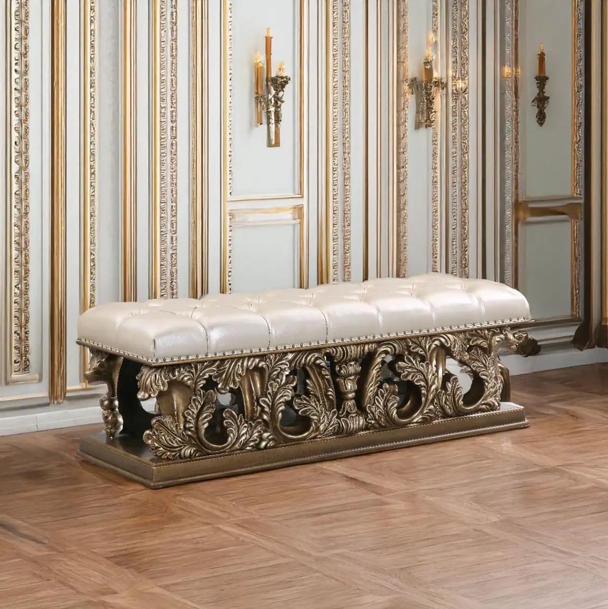 Constantine - Bench - Light Gold Synthetic Leather , Brown & Gold by Unique Piece Furniture