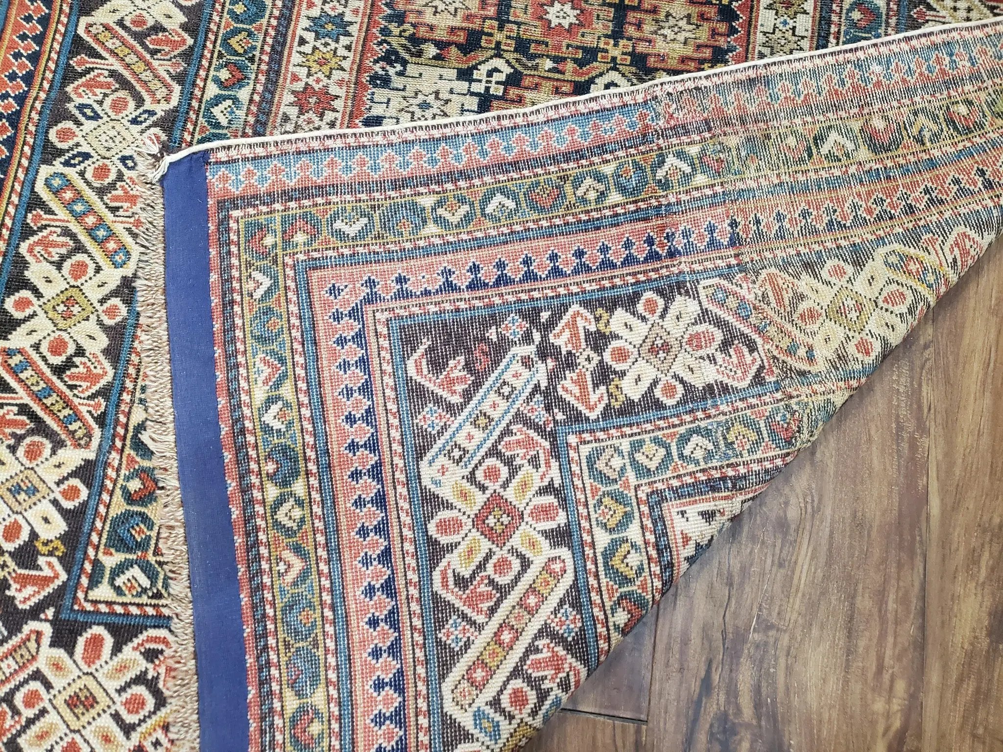 Caucasian Rug 3'9" x 5'7", Antique 1920s Collectible Caucasian Chi Chi Carpet, Hand Knotted, Colorful, Dark Blue Cream Red, Wool, Small Rug by Jewel Rugs