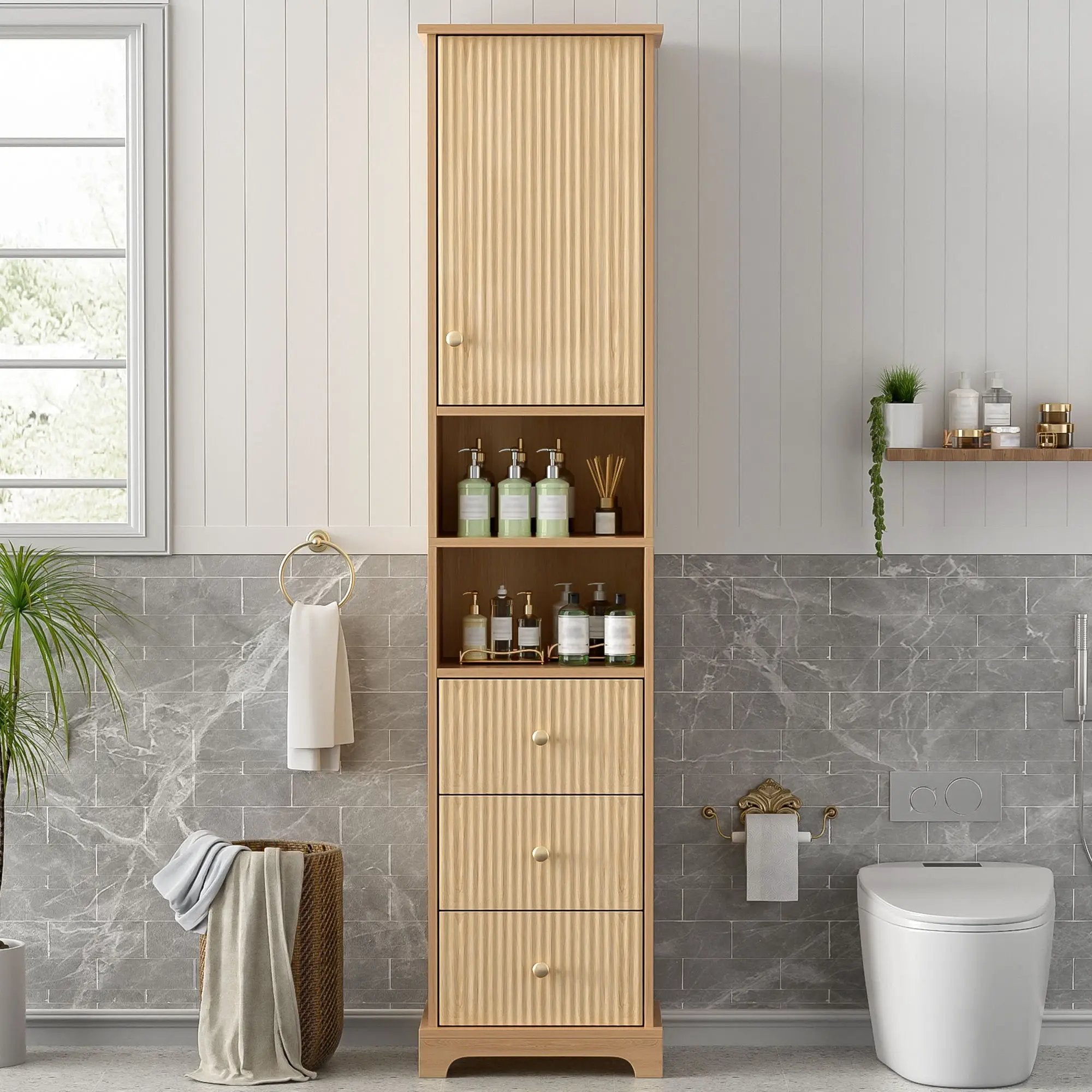 Tall Bathroom Cabinet With 1 Door, 3 Drawers, Open Storage - Wood by Unique Piece Furniture